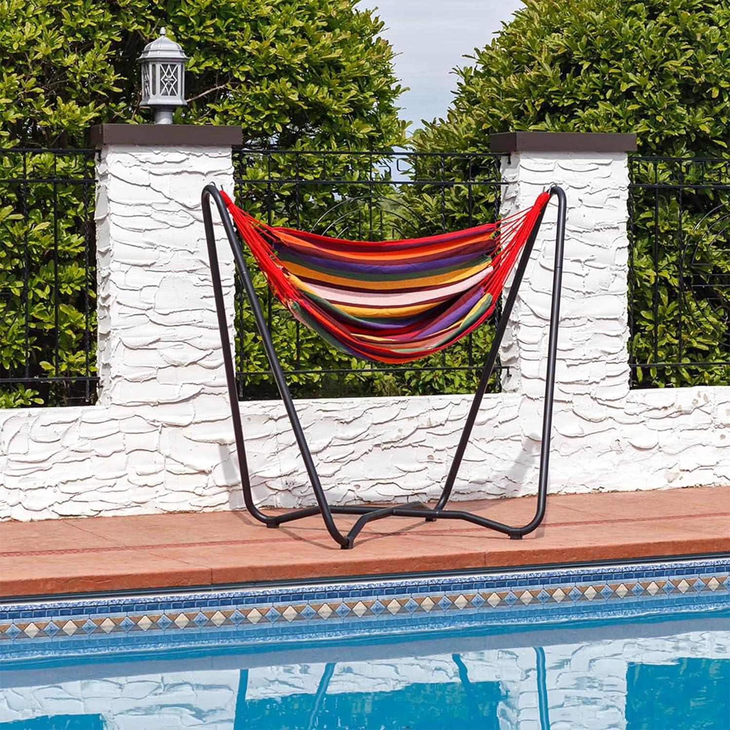 Sunnydaze Hanging Rope Hammock Chair with Space-Saving Stand - 330 lb Weight Capacity - Sunset