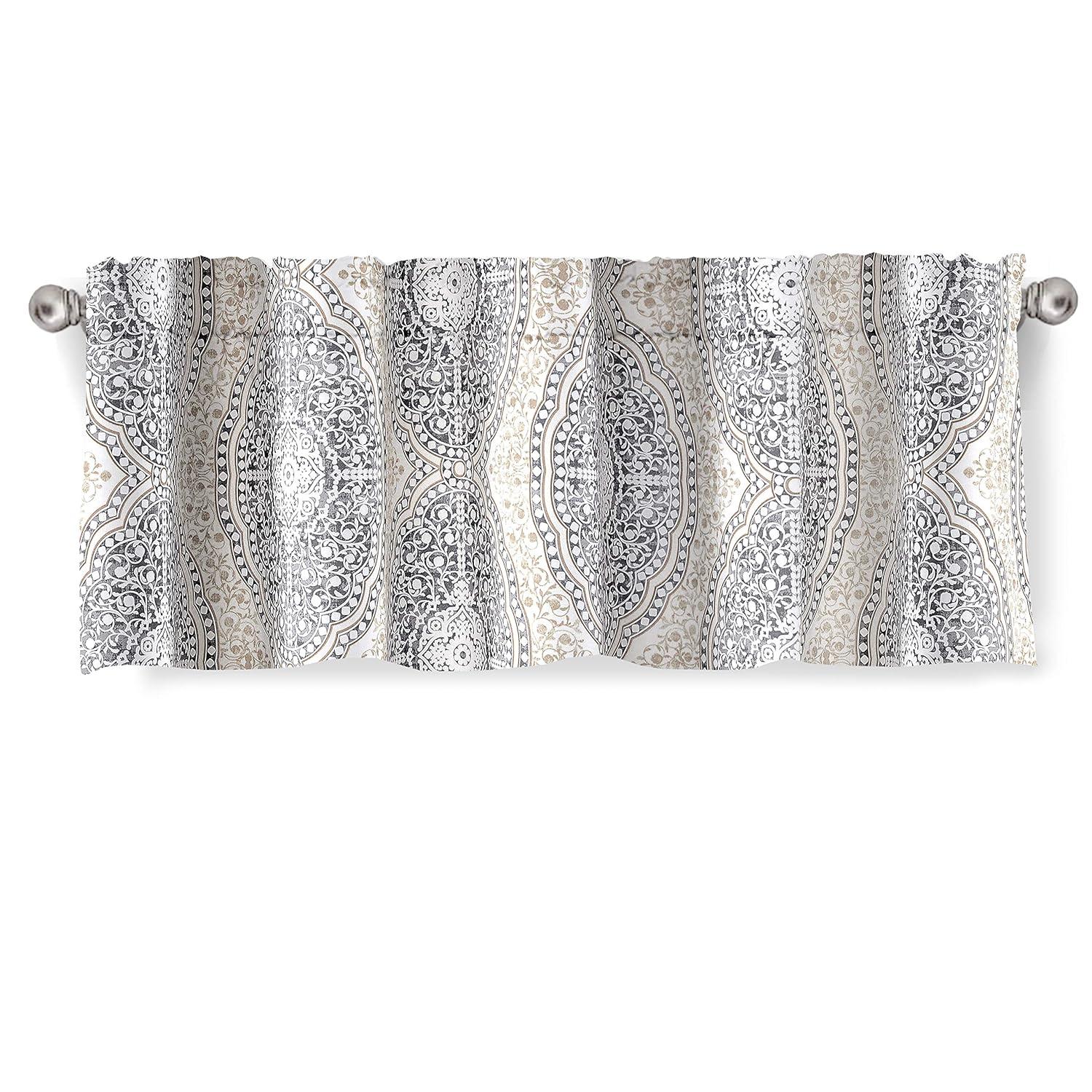 DriftAway Adrianne Damask and Floral Pattern Window Curtain Valance Single 52 Inch by 14 Inch Plus 1.75 Inch Header Beige and Gray