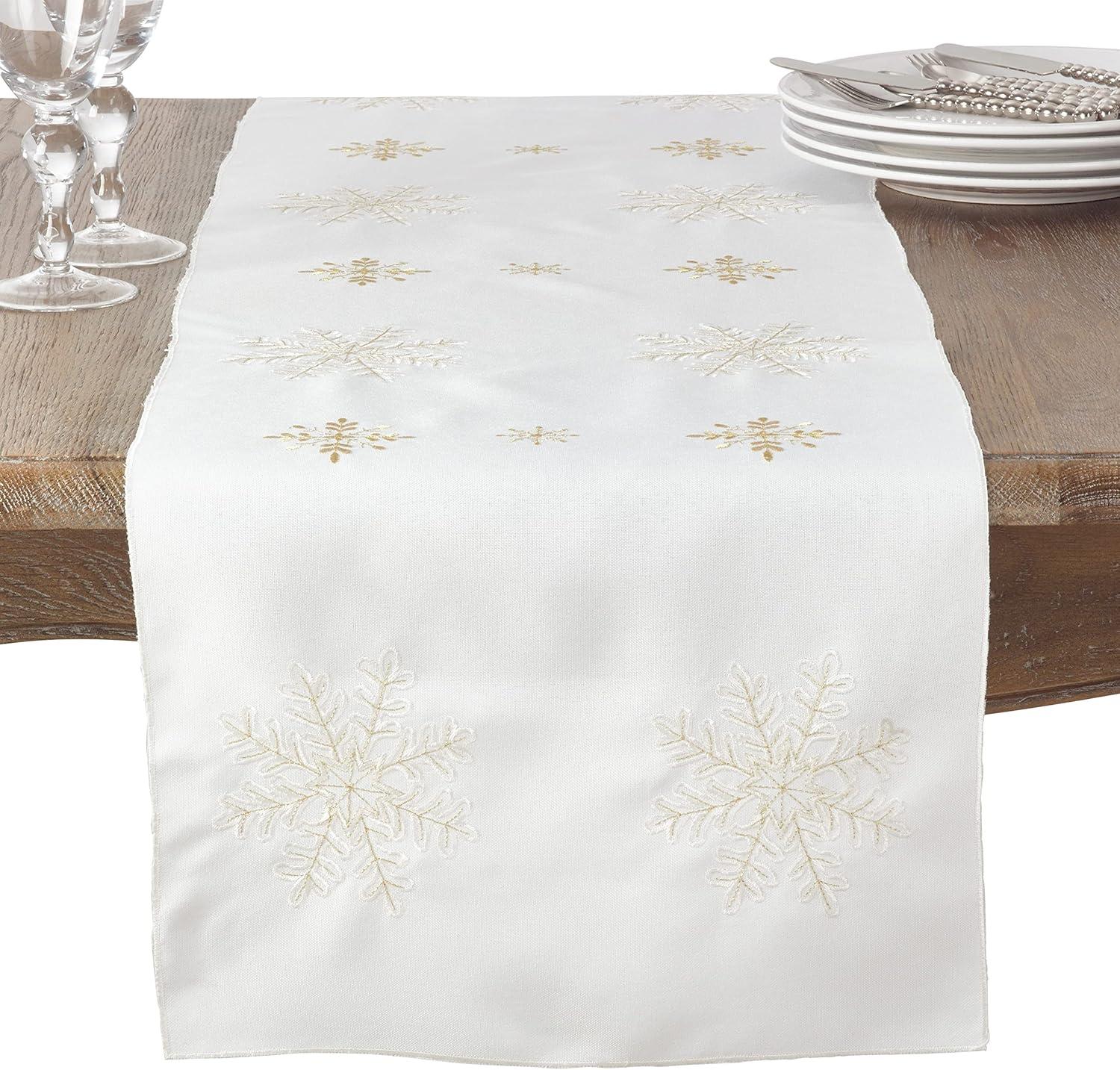 Ivory Polyester Snowflake Embroidered Winter Table Runner