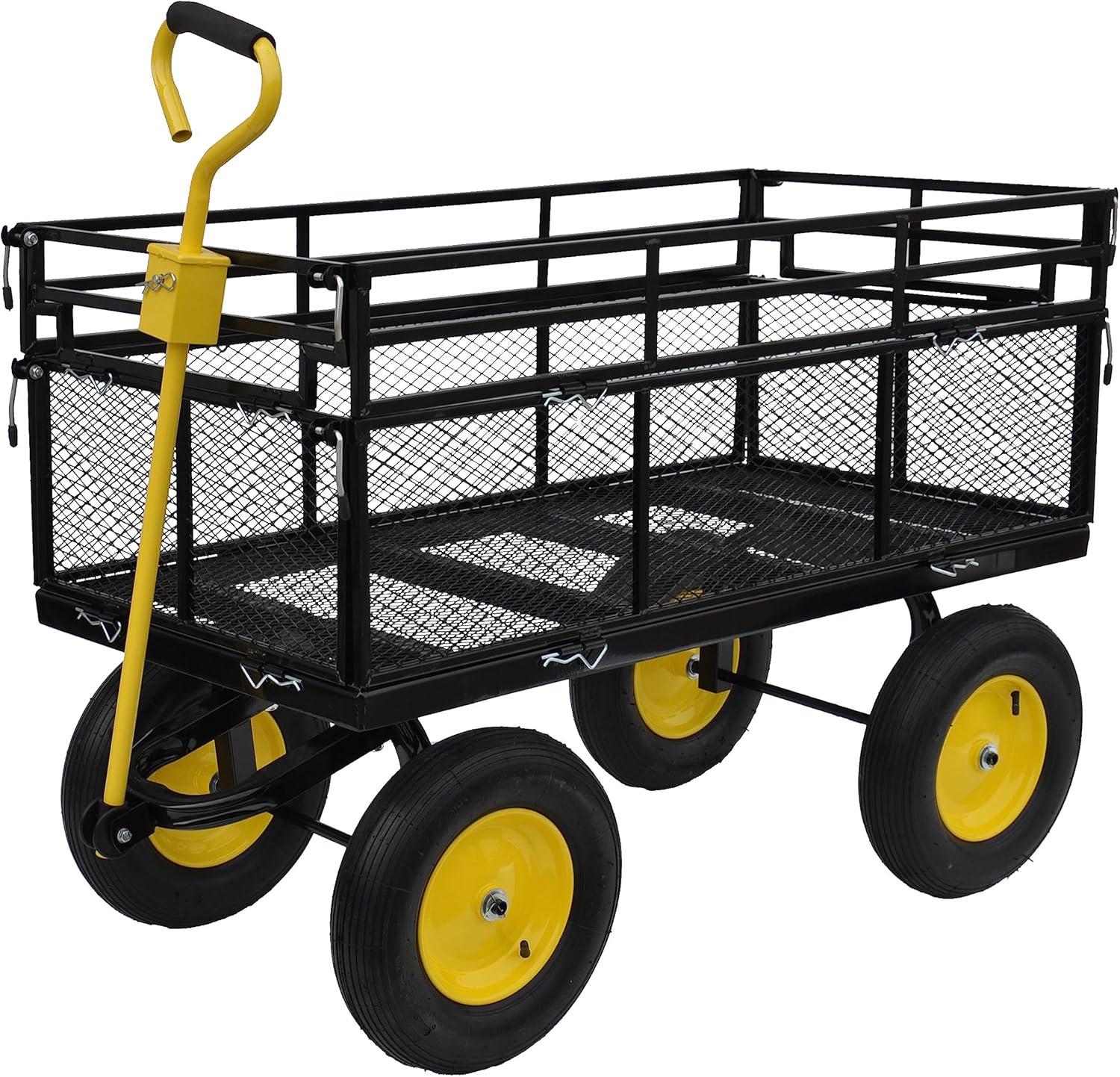 Large Black and Yellow Metal Garden Cart with Pneumatic Tires