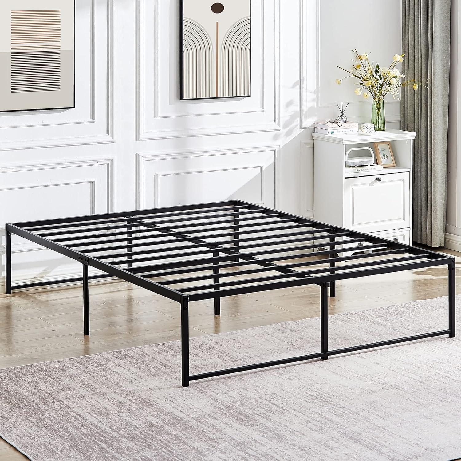 VECELO 16 Inch Queen Metal Platform Bed Frame, Heavy Duty Metal Bed with Under-bed Storage, No Box Spring Needed, Black