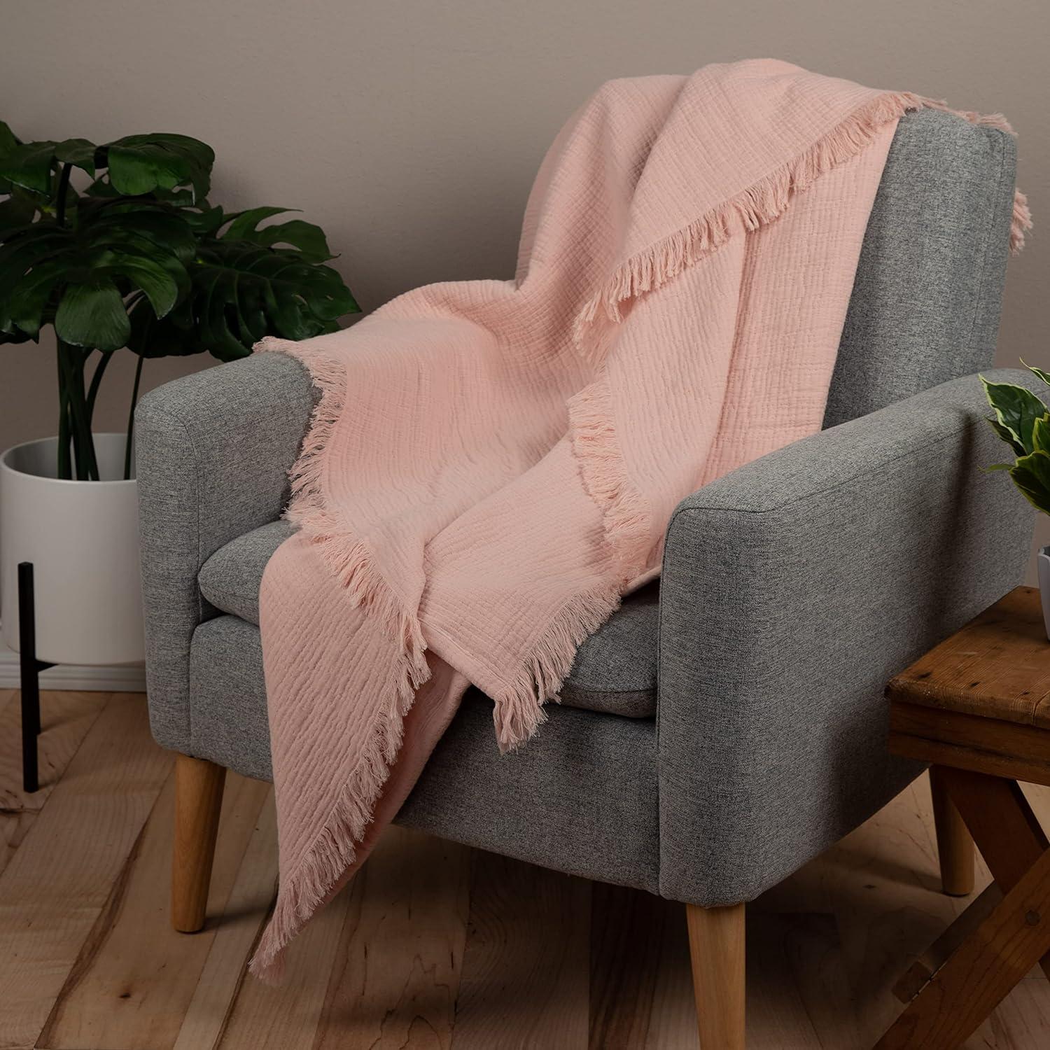 Sticky Toffee Muslin Throw Blanket for Adults, 100% Cotton, 60x50 in, Soft Lightweight and Breathable Throw for Couch, Blush Pink