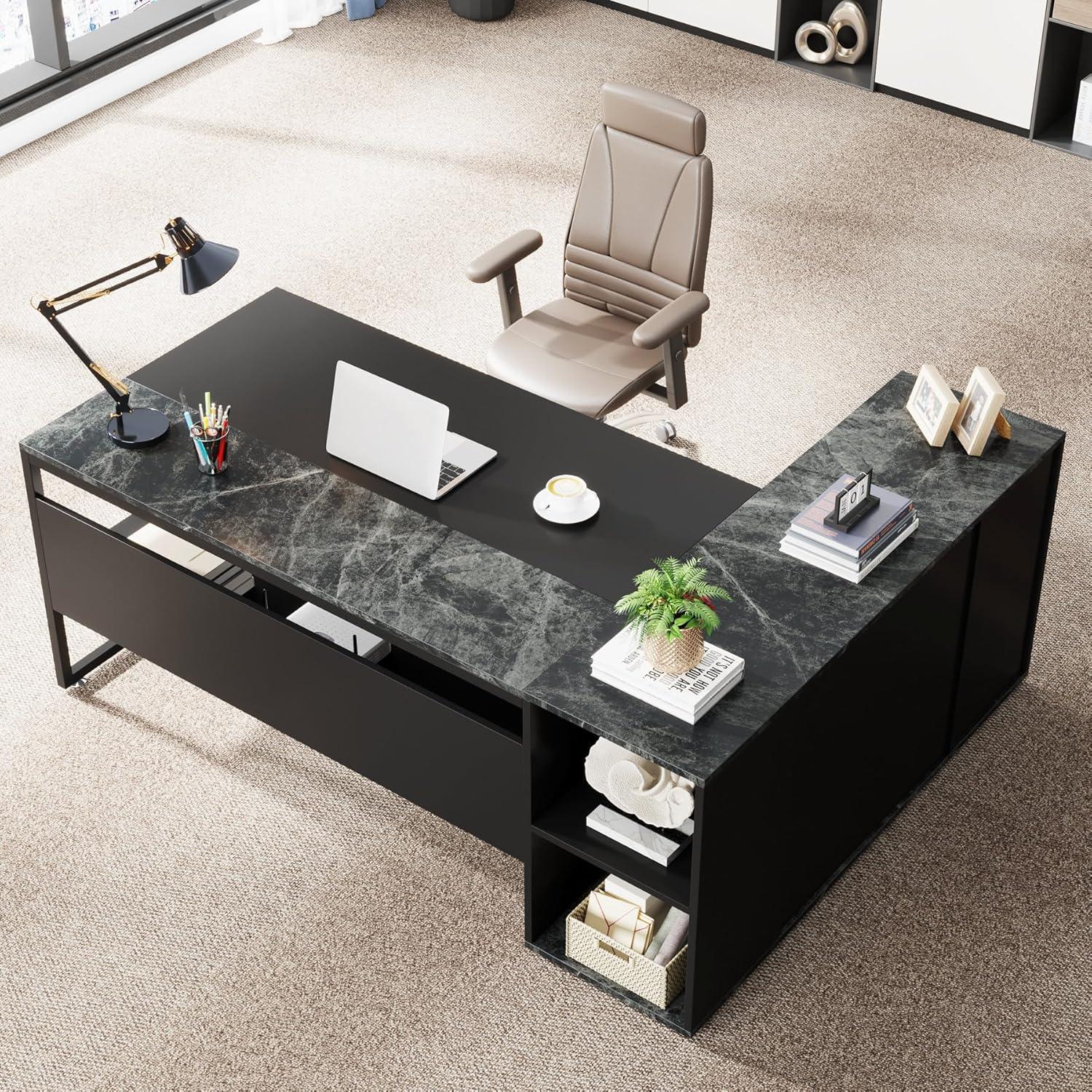 Black L-Shaped Executive Desk with Storage Cabinet and Shelves