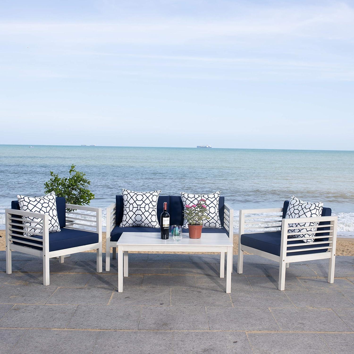 Alda 4 Piece Patio Outdoor Conversation Set With Accent Pillows - White/Navy/White - Safavieh