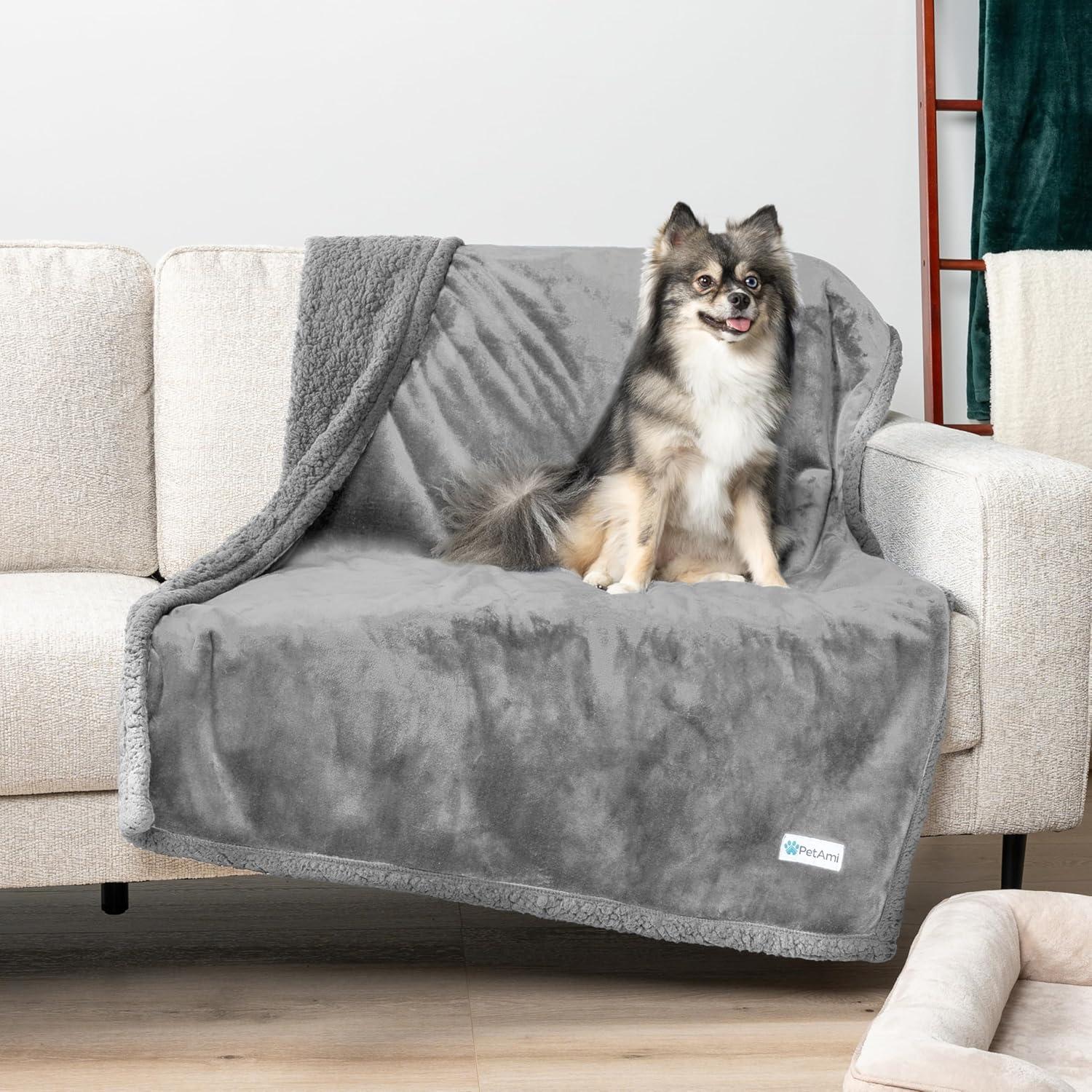 PetAmi Waterproof Dog Blanket for Bed Couch Sofa Cover, Reversible Faux Shearling Fleece Pet Throw