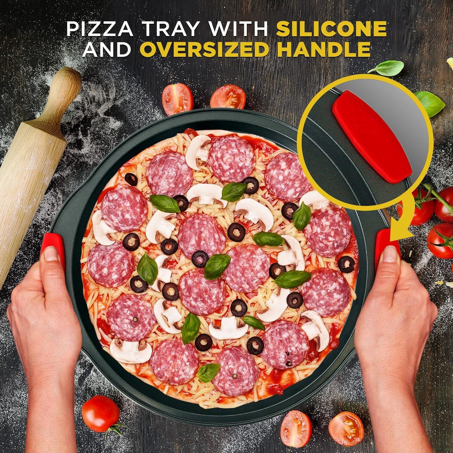 Round Black Non-Stick Pizza Tray with Red Silicone Handles