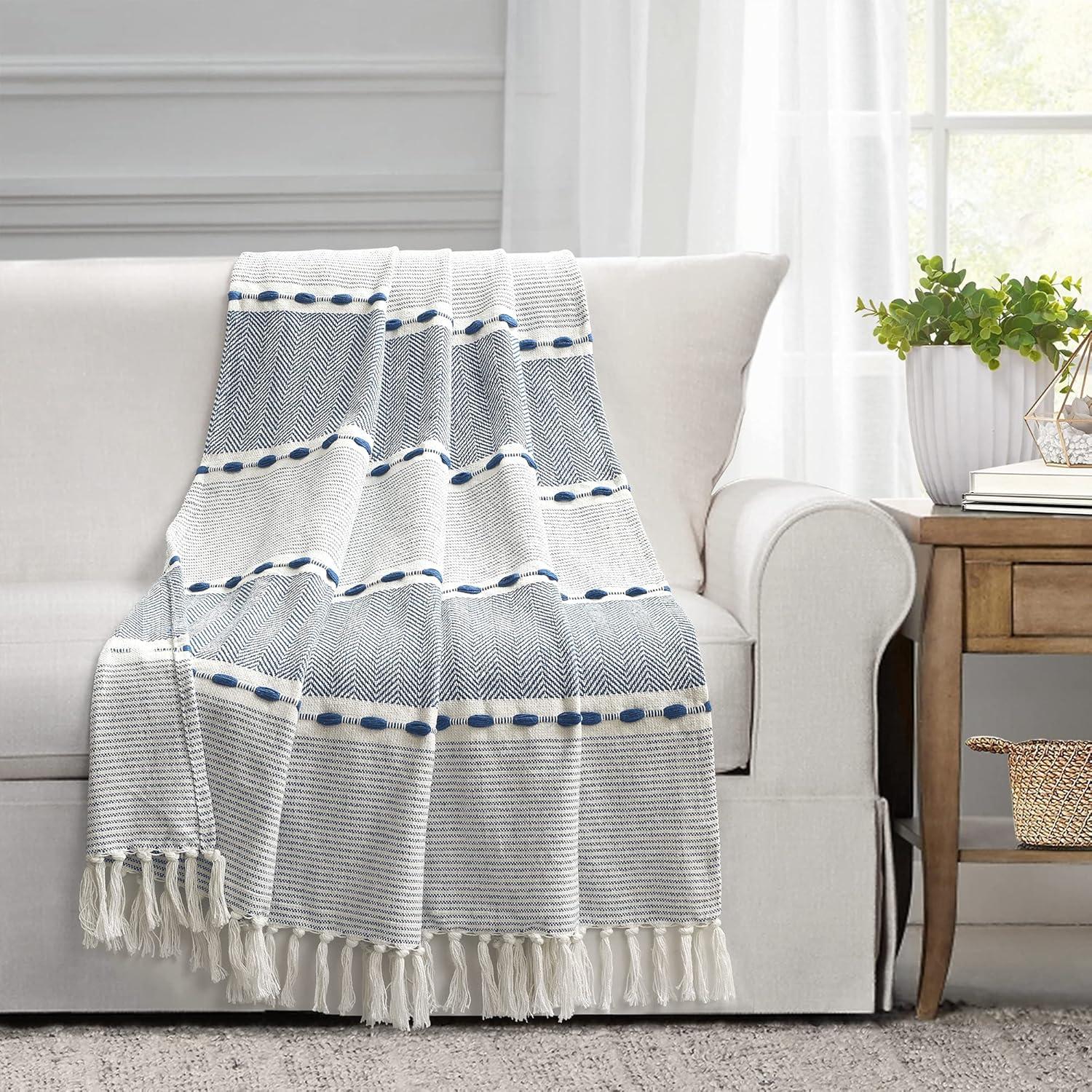 50"x60" Herringbone Striped Yarn Dyed Cotton Woven Throw Blanket with Tassels - Lush Décor