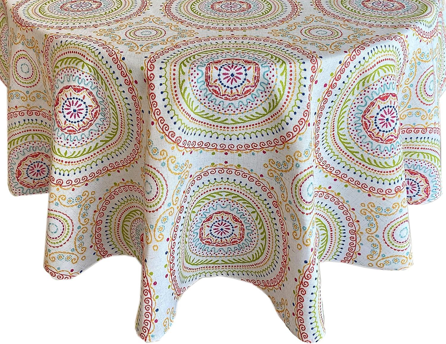 Newbridge 70 Inch Round Fabric Tablecloth, Coral and Green Circle Stitch, Indoor Outdoor No Iron Soil Resistant Dining Room, Party and Banquet Table Cover, Modern Boho Chic Print