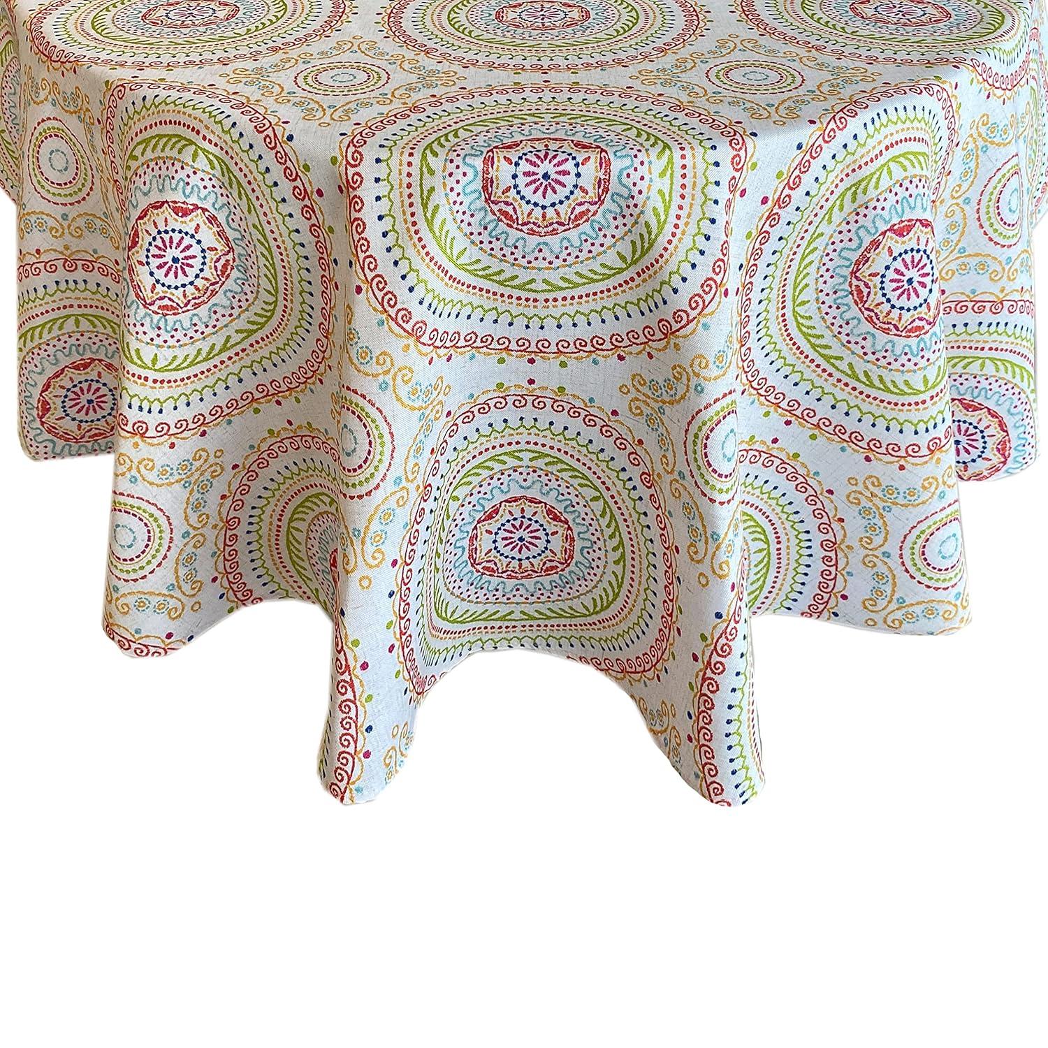 Newbridge 70 Inch Round Fabric Tablecloth, Coral and Green Circle Stitch, Indoor Outdoor No Iron Soil Resistant Dining Room, Party and Banquet Table Cover, Modern Boho Chic Print