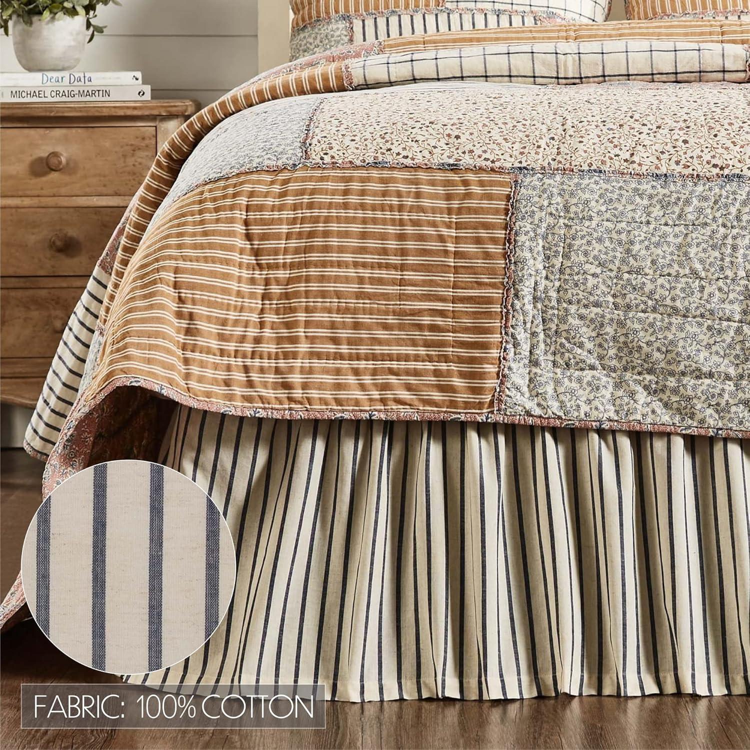 VHC Brands Vintage Country Farmhouse Kaila Gathered Blue Stripe Queen Bed Skirt 60x80x16