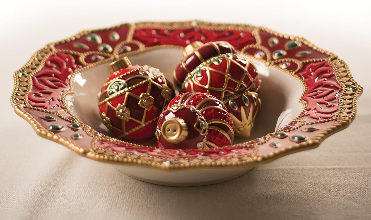 Opulent Red and Gold Ceramic Christmas Serving Bowl, 13 Inches