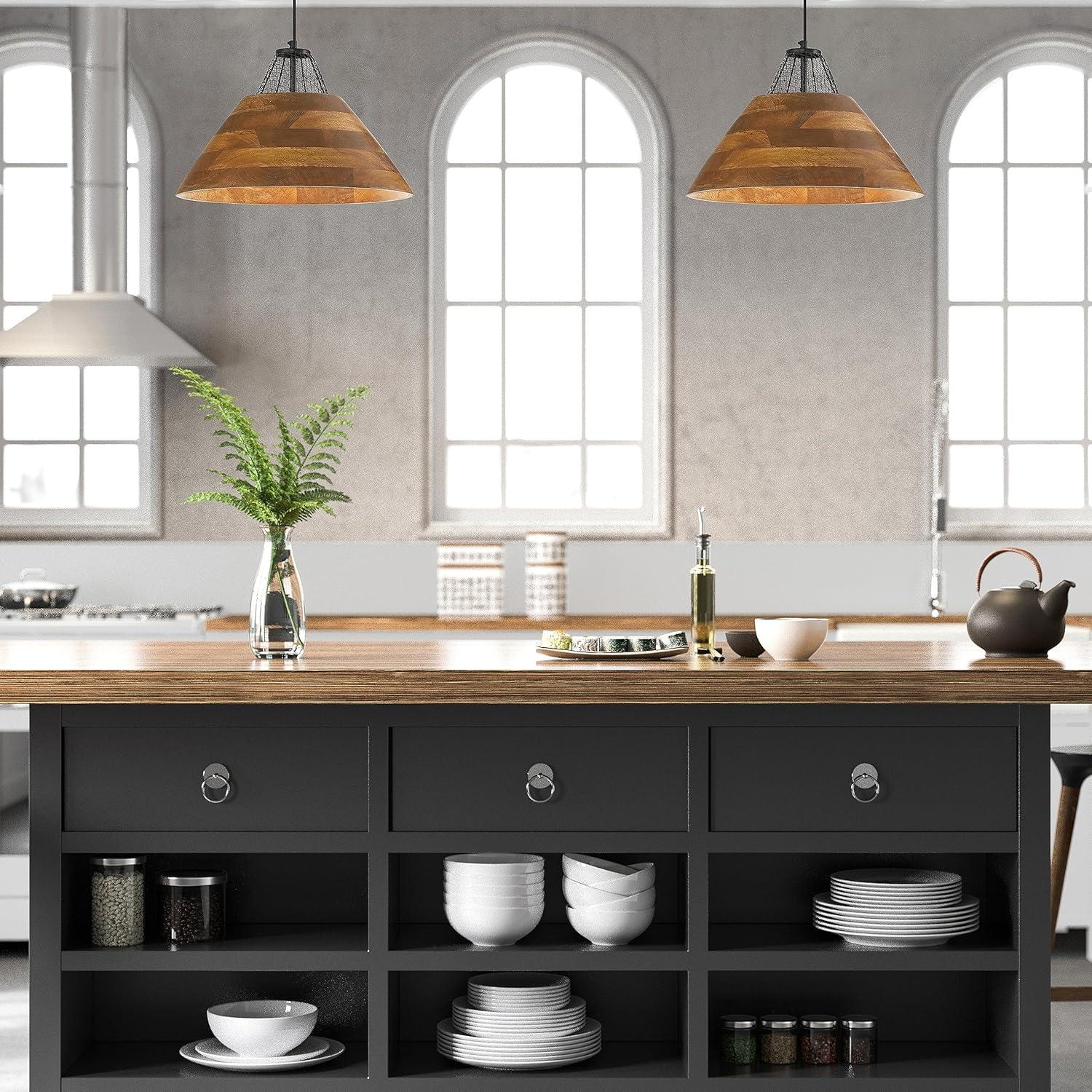 River of Goods 17.25" 1-Light Alainia Black Metal and Walnut-Stained Wood Pendant Light: Satin Finish, UL Listed, Adjustable Height