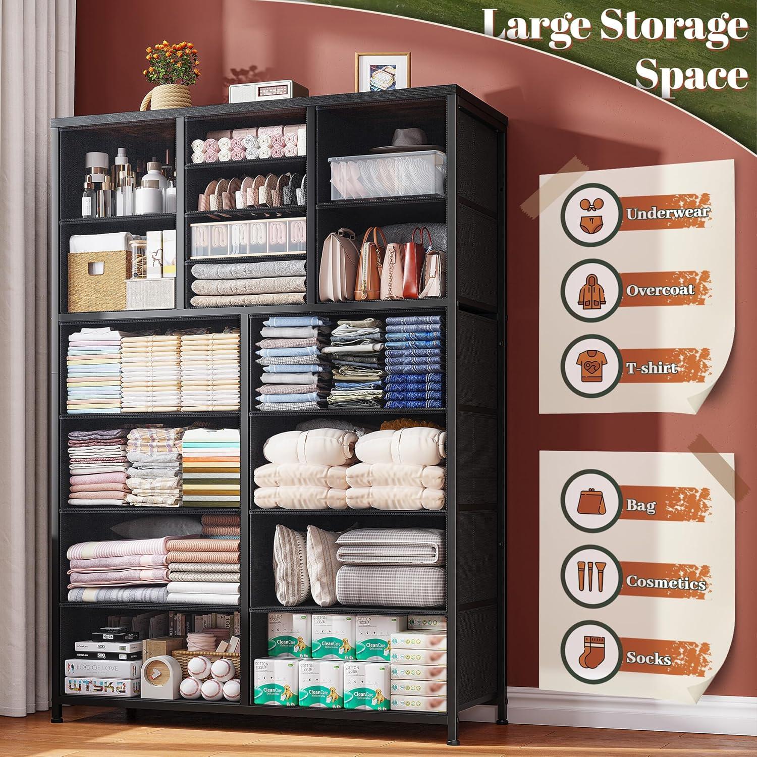 Dresser, Black Dresser, Wood Top, Metal Frame High Dresser and Chest of Drawers for Bedroom and Entryway, Bedroom High Dresser with 16 Drawers, Black