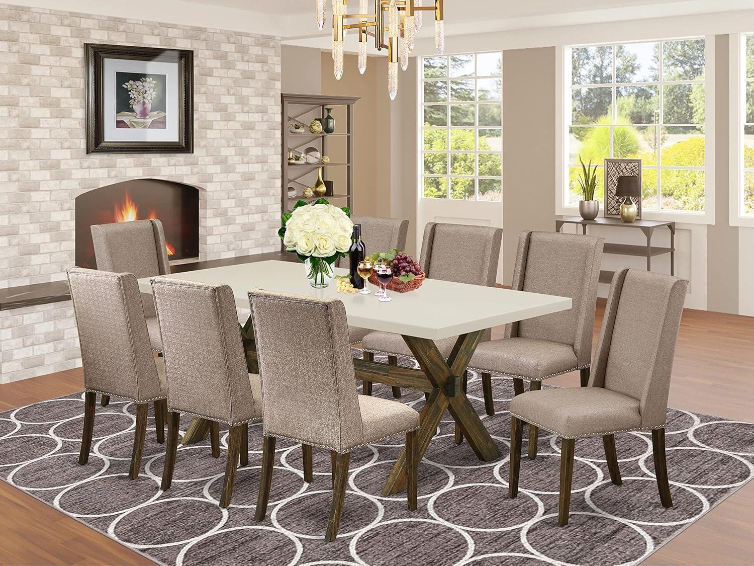 Mahogany X-Leg Dining Table with 6 Dark Khaki Linen Chairs