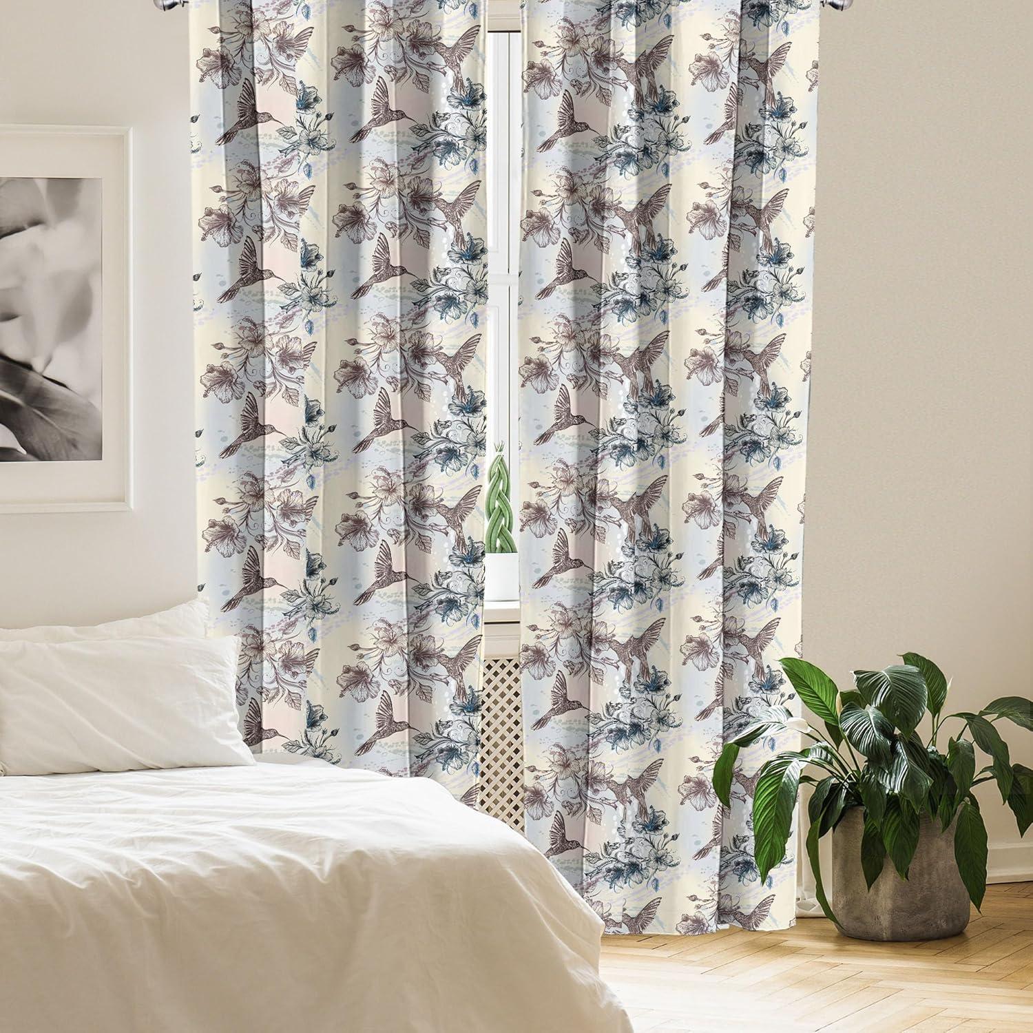 Ambesonne Nature Curtains, Birds Hibiscus Flowers, Pair of 28"x63", Teal Brown