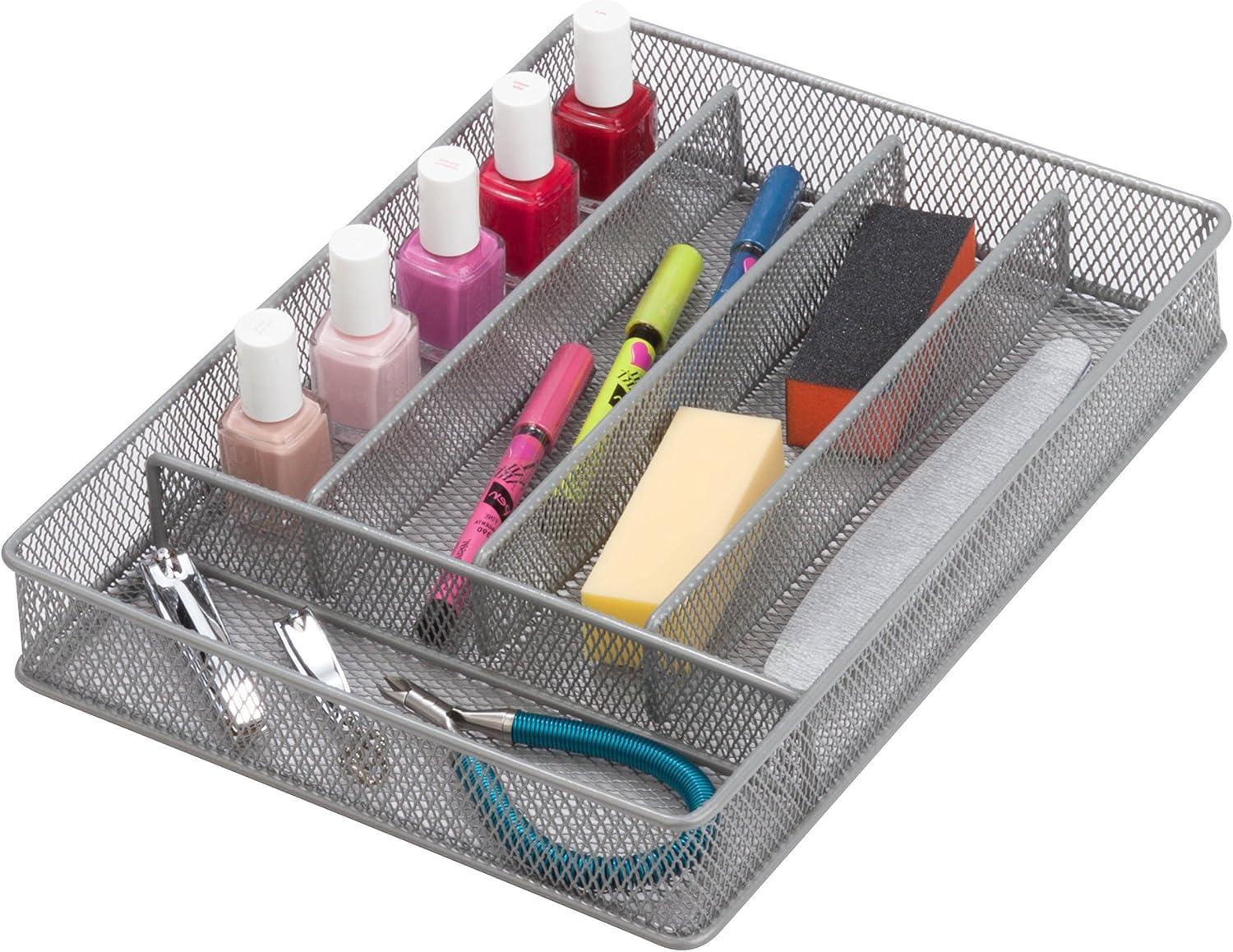 Honey-Can-Do Steel Mesh 12.25” x 9.25” x 2” 5-Compartment Drawer Organizer Tray, Silver