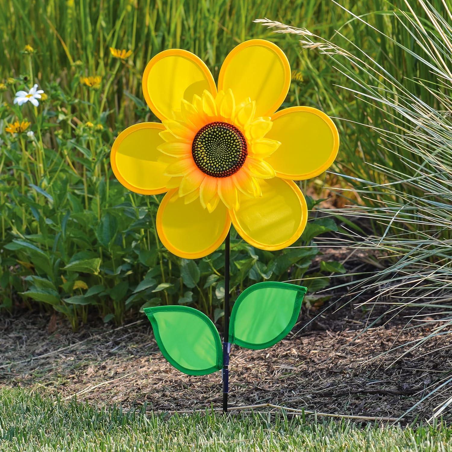In the Breeze 2791 — 12 Inch Yellow Sunflower Spinner with Leaves — Colorful Flower for Your Yard and Garden
