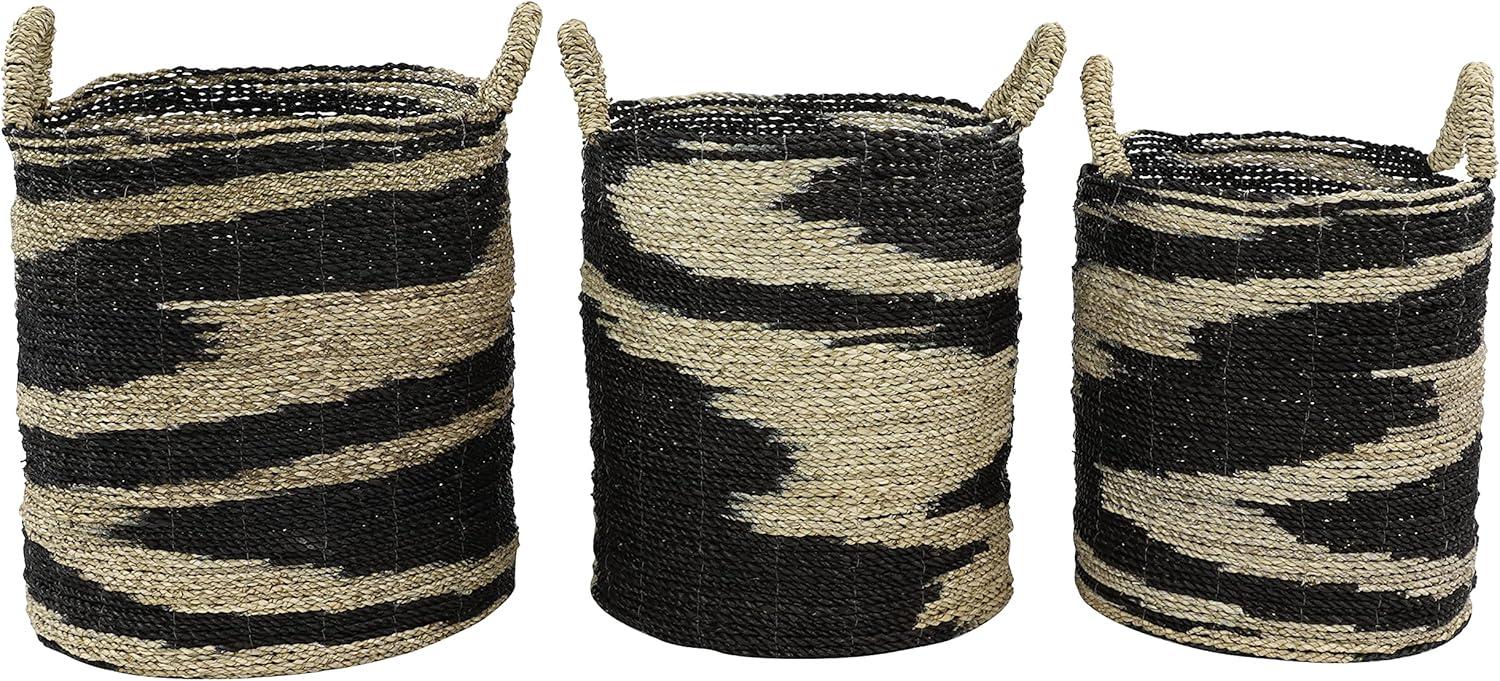 Deco 79 Seagrass Handmade Two Toned Storage Basket with Handles, Set of 3 18", 17", 16"H, Black
