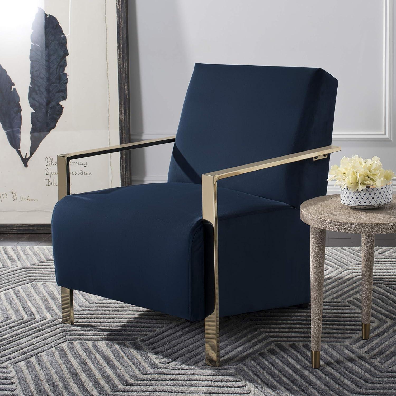 Navy Velvet Parsons Wood Accent Chair with Brass Legs