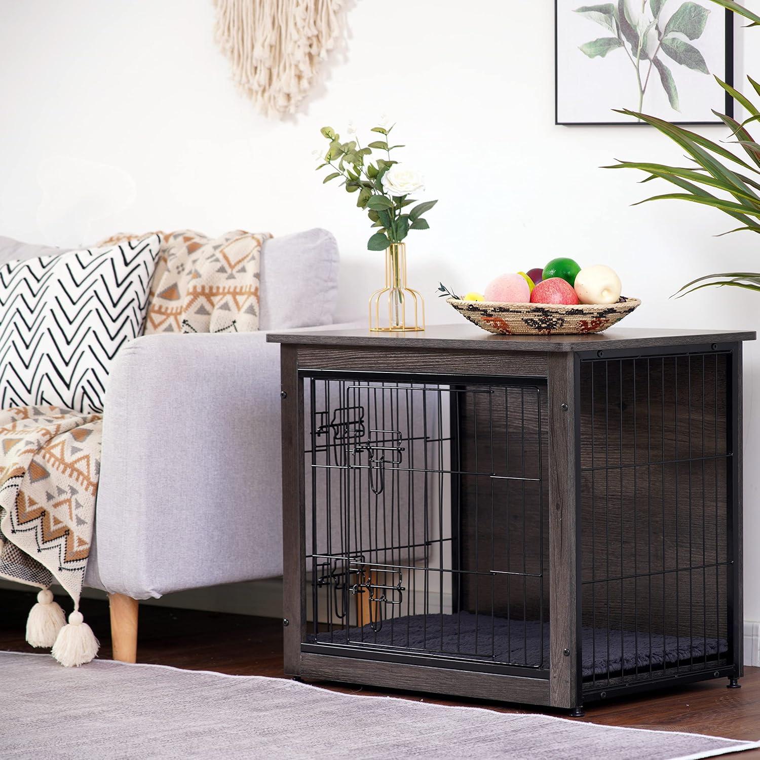 Small Dark Gray Wooden Dog Crate with Cushion