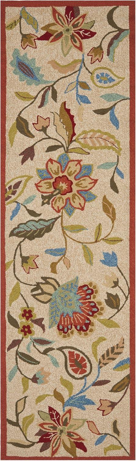 Ivory and Rust Floral Hand-Hooked Runner Rug