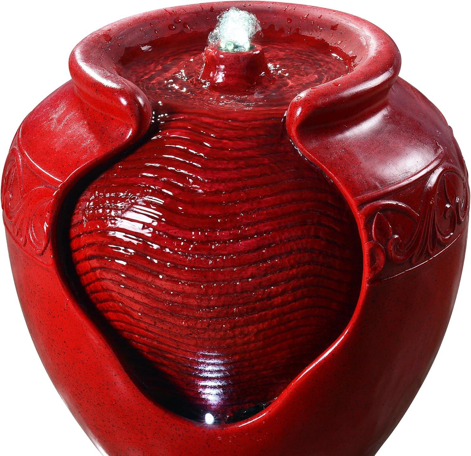 Serene Elegance 16" Red Glazed Pot LED Floor Fountain