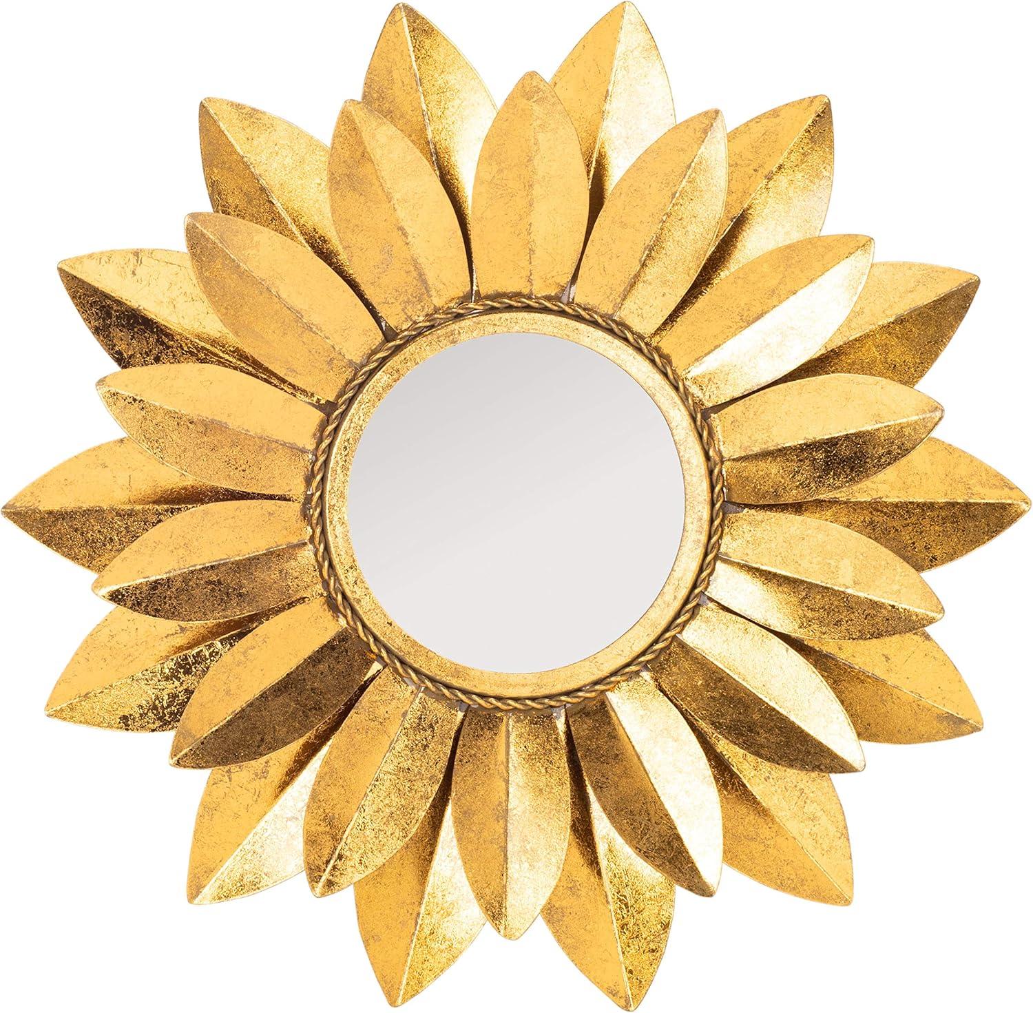 Gold Sunburst Round Mirror with Wood Frame