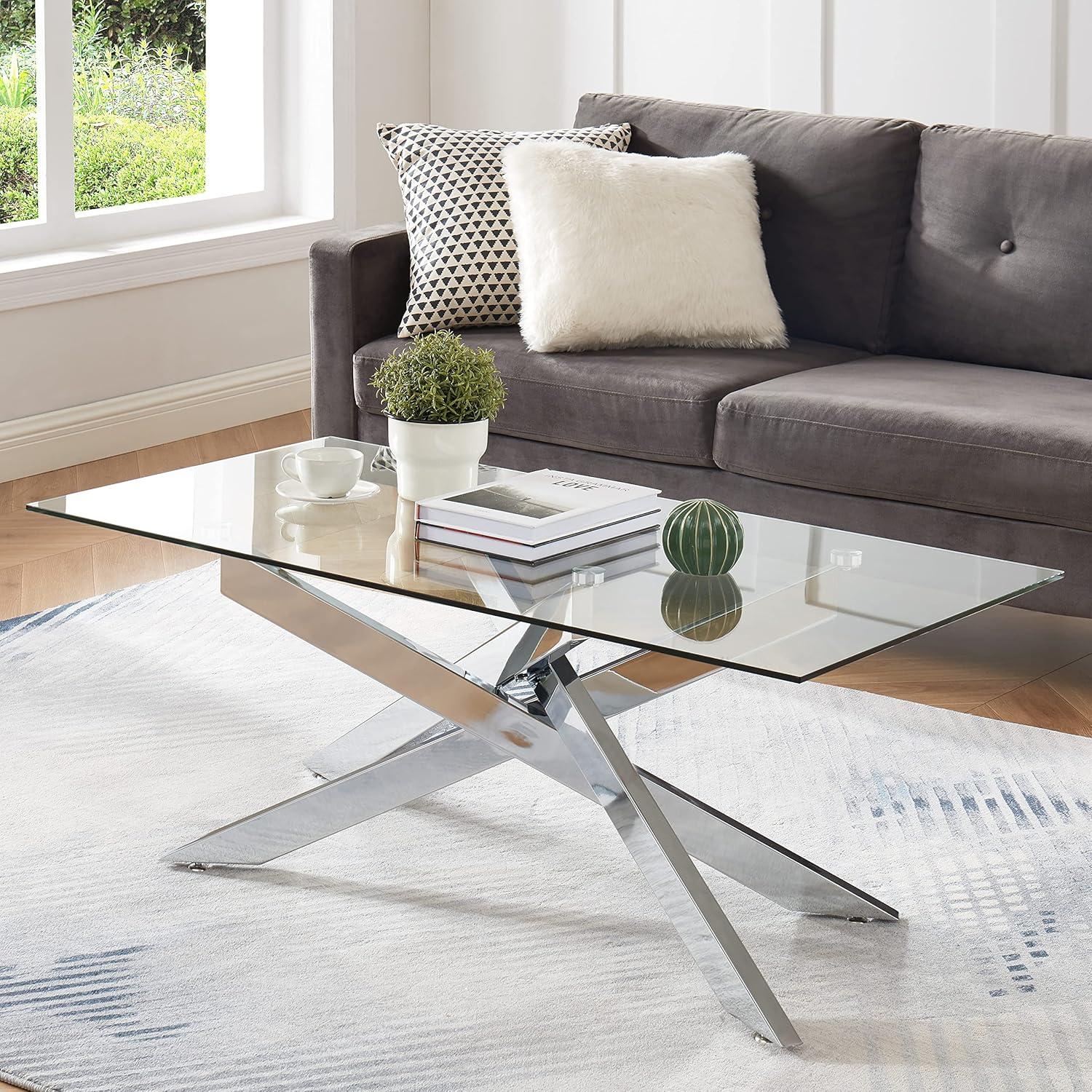 Rectangle Modern Coffee Table, Tempered Glass Top and Metal Tubular Leg, 47.3”Lx23.6”Wx18.1”H, Silver