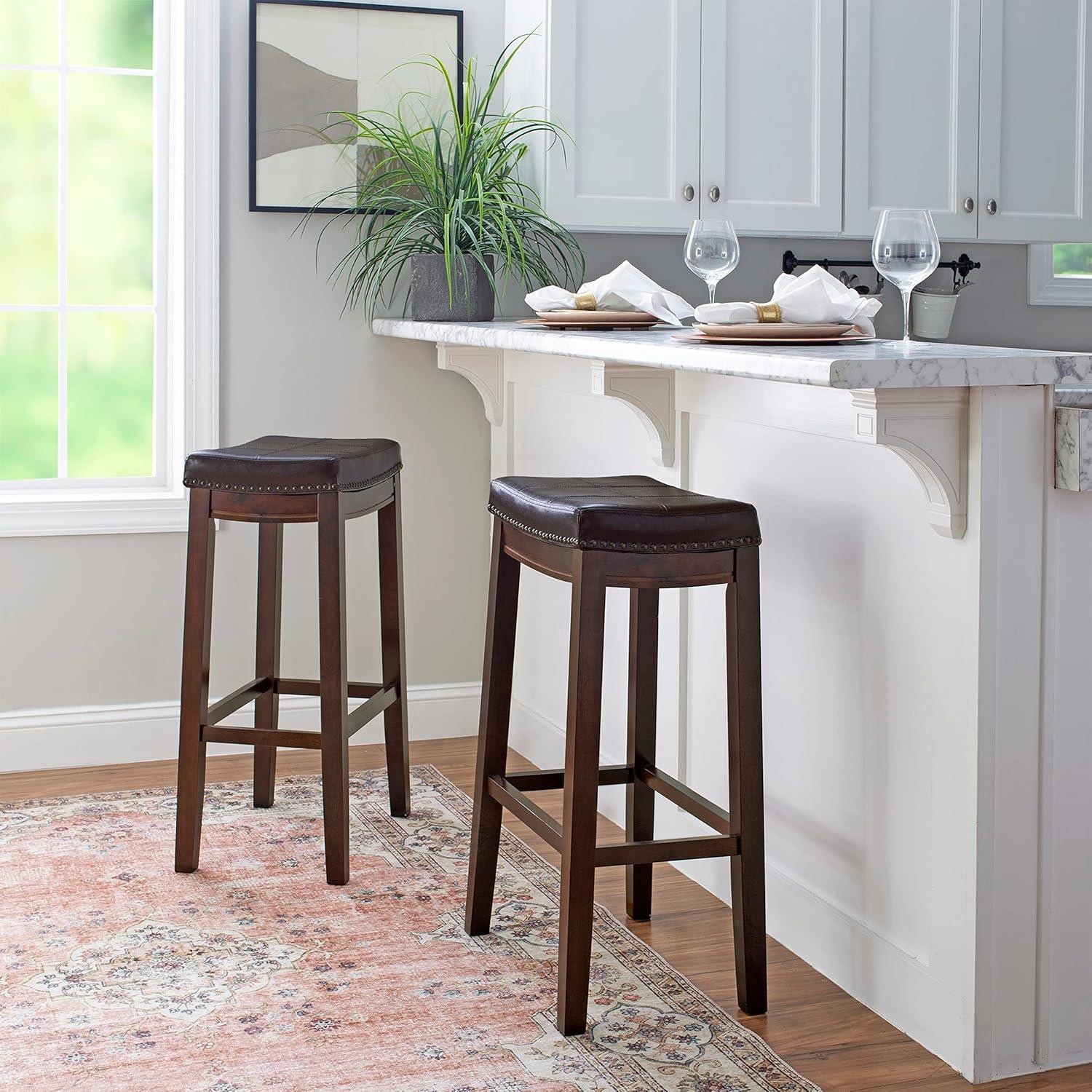 Linon Claridge Backless Wood Bar Stool, 32" Seat Height, Dark Brown Finish with Brown Faux Leather Fabric