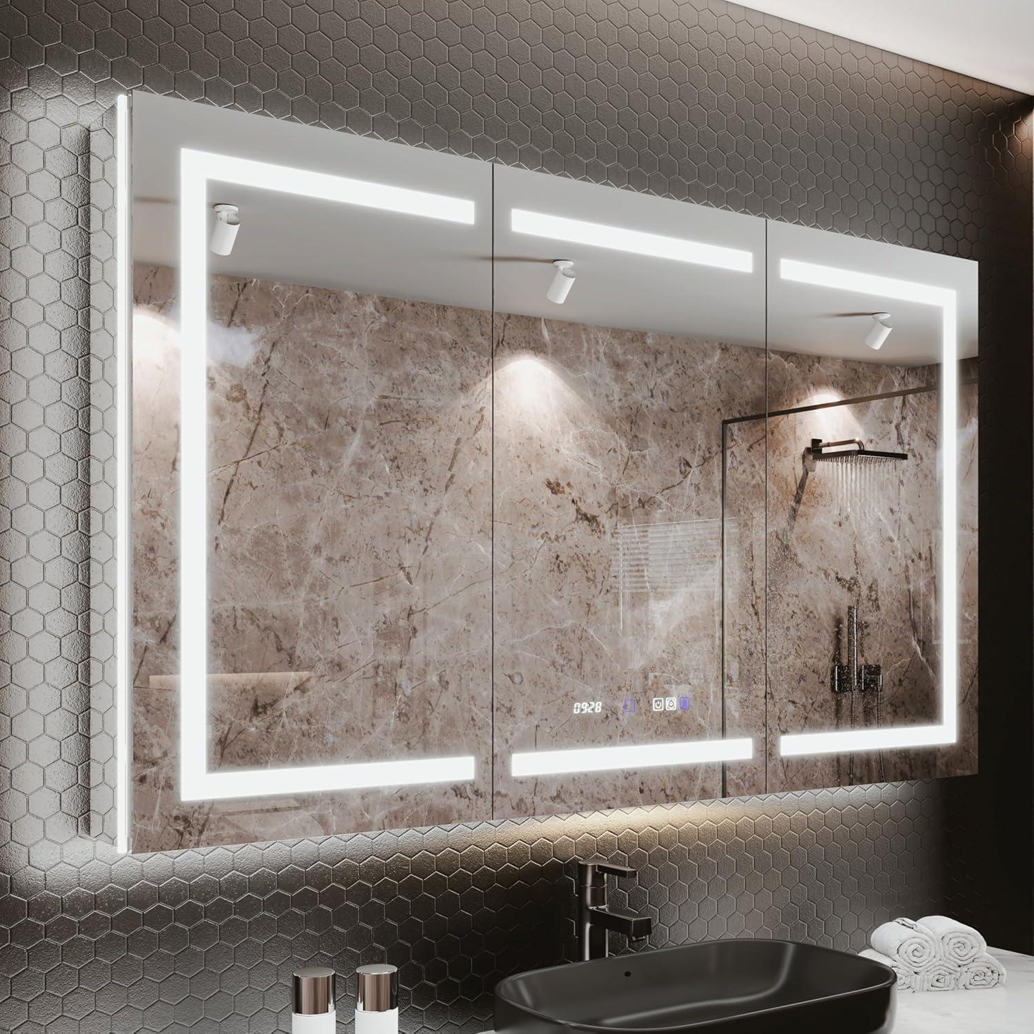 MEDUNJESS 72''x36'' Surface or Recessed Mount LED Medicine Cabinet with Mirror and Defogger 3 doors Medicine Cabinet