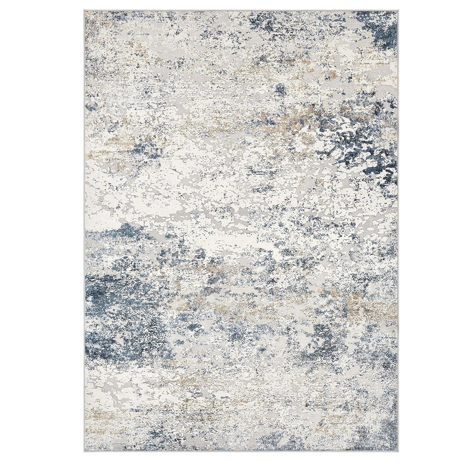 Area Rug Living Room Rugs - 5x7 Abstract Large Soft Indoor Washable Rug Neutral Modern Low Pile Carpet for Bedroom Dining Room Farmhouse Home Office - Beige Blue