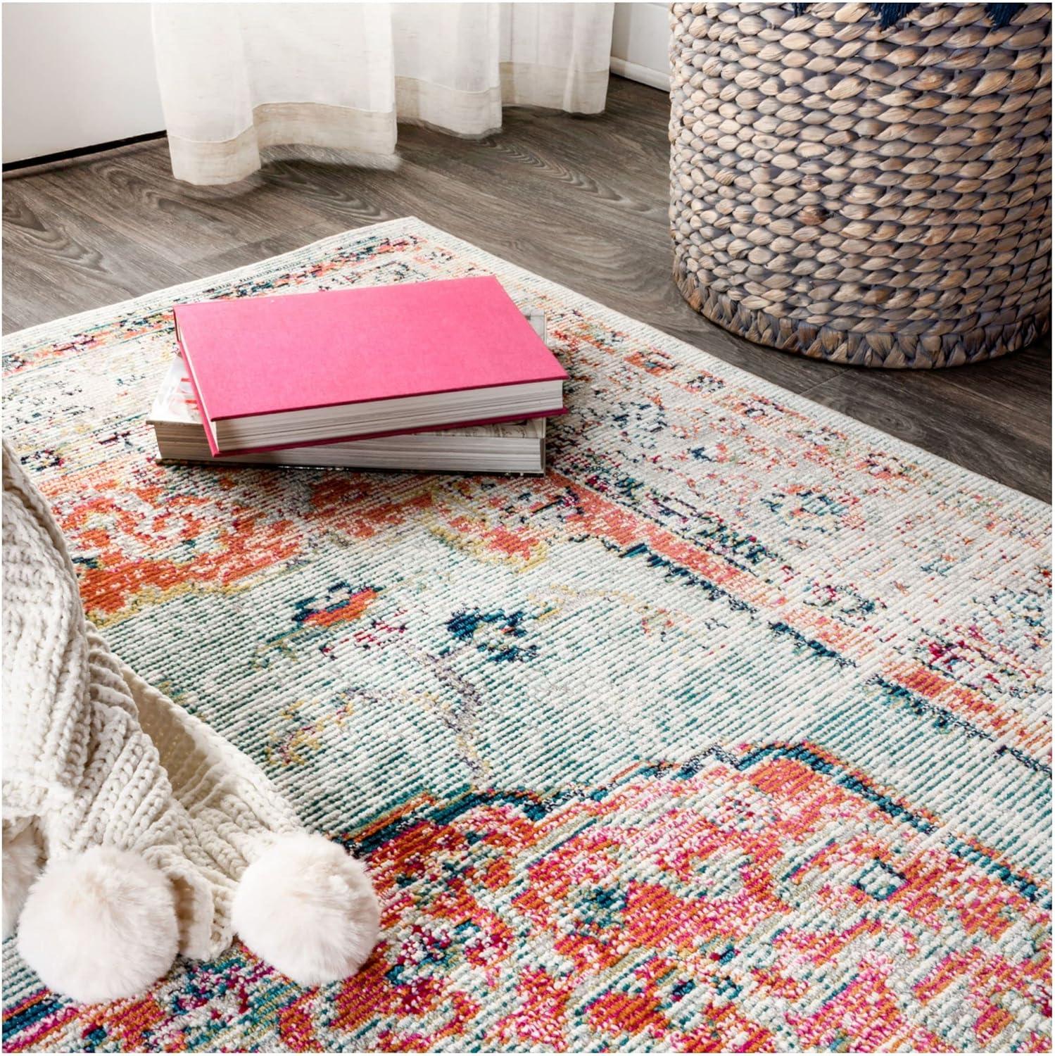 Ivory and Coral Synthetic Medallion Area Rug, 3'x5'