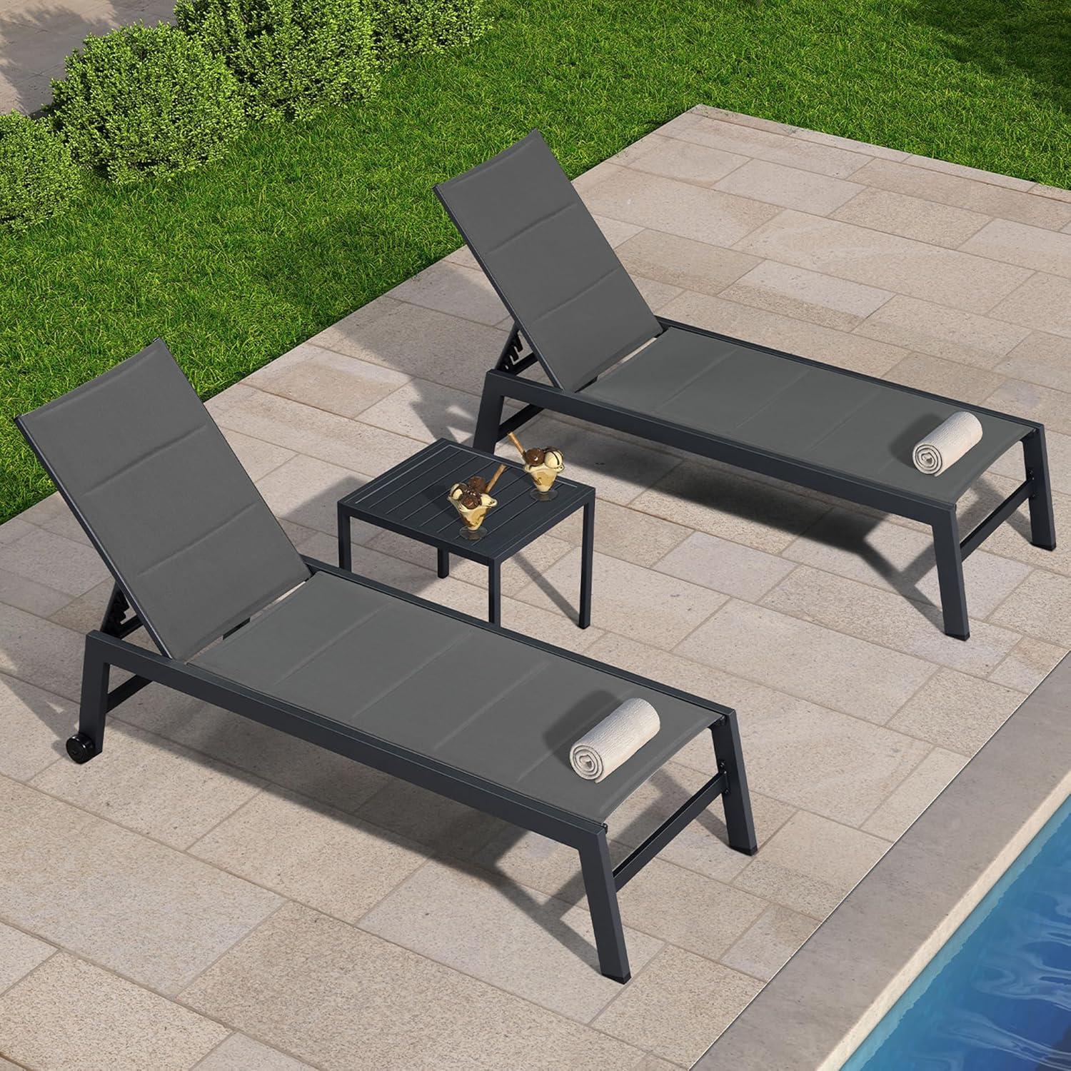 Gray Aluminum Outdoor Chaise Lounge Set with Side Table