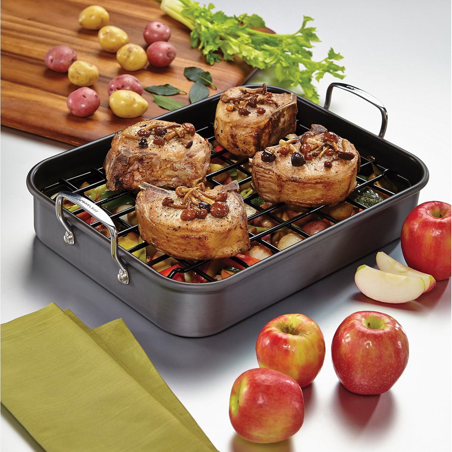 Rachael Ray Hard Anodized Nonstick Roaster/Roasting Pan with Dual-Height Rack, 16 inch x 12 inch