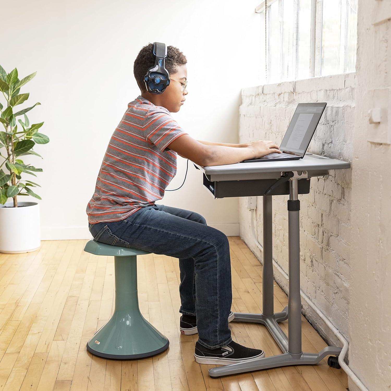 Adjustable Gray Sit-Stand Mobile Desk with Storage