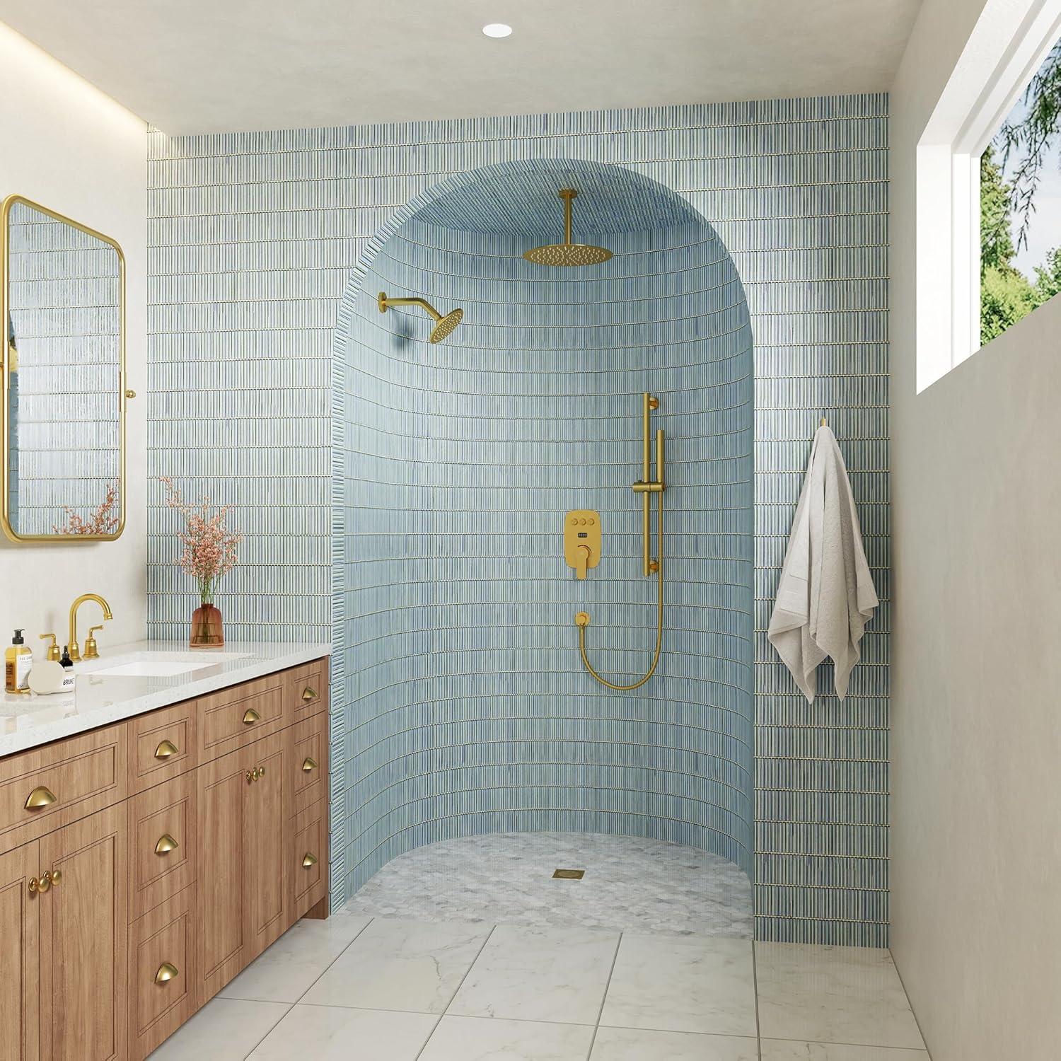 Rainfall Symphony 12inch Dual Showerhead Temperature Display Shower System with 2 in 1 Slider Bar Shower Handheld