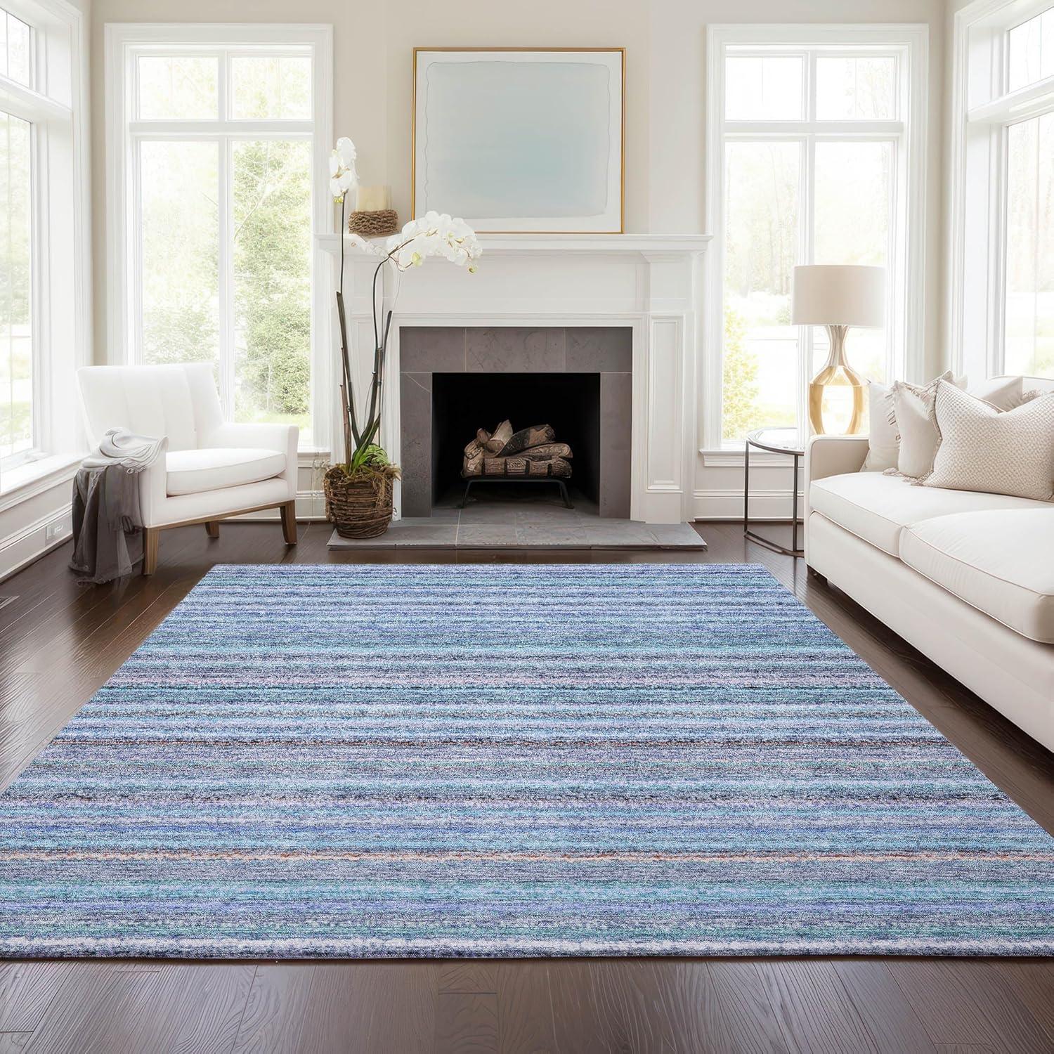 Sky Blue Striped Synthetic Washable Reversible Rug 3' x 5'