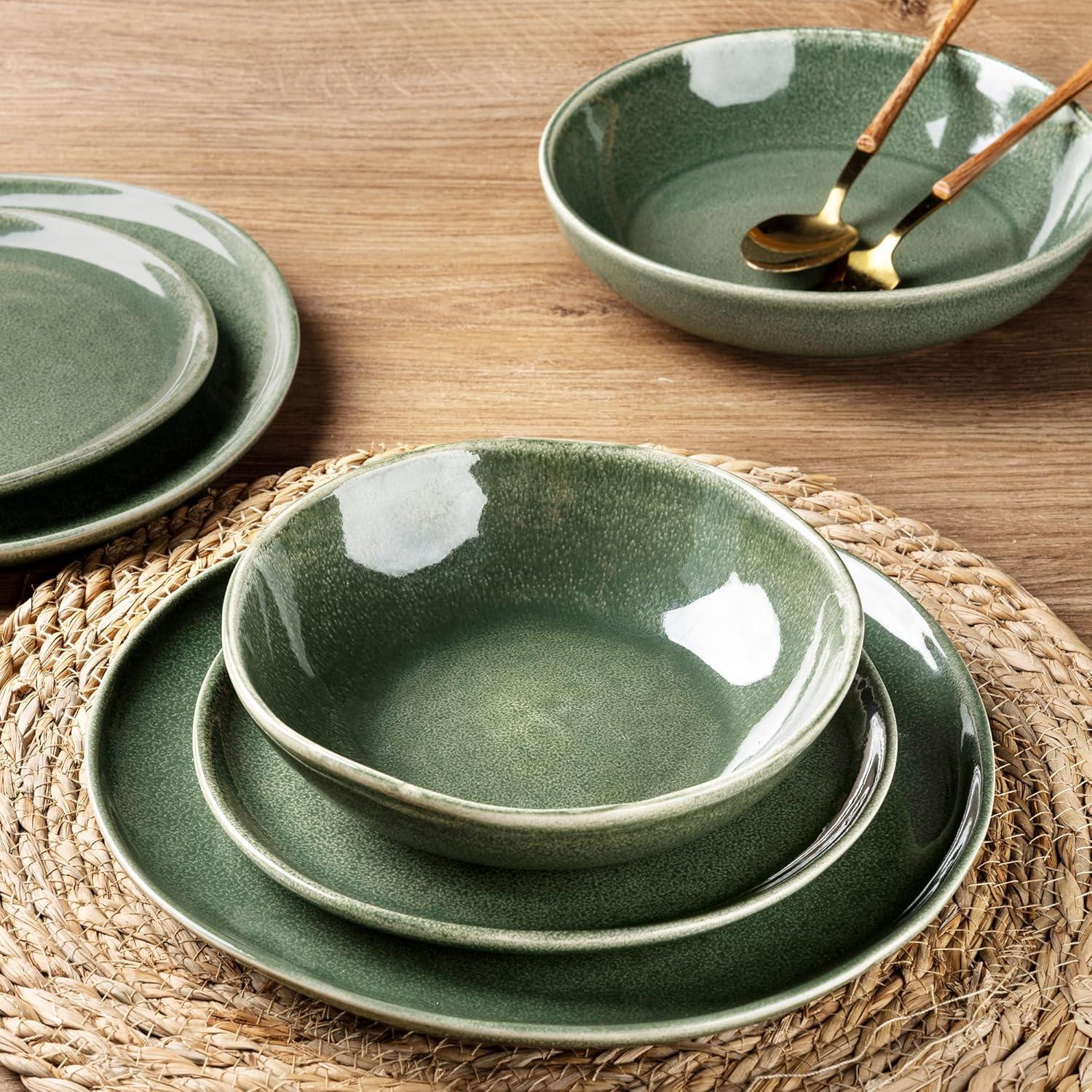 Olive Green and White Ceramic Dinnerware Set for 4