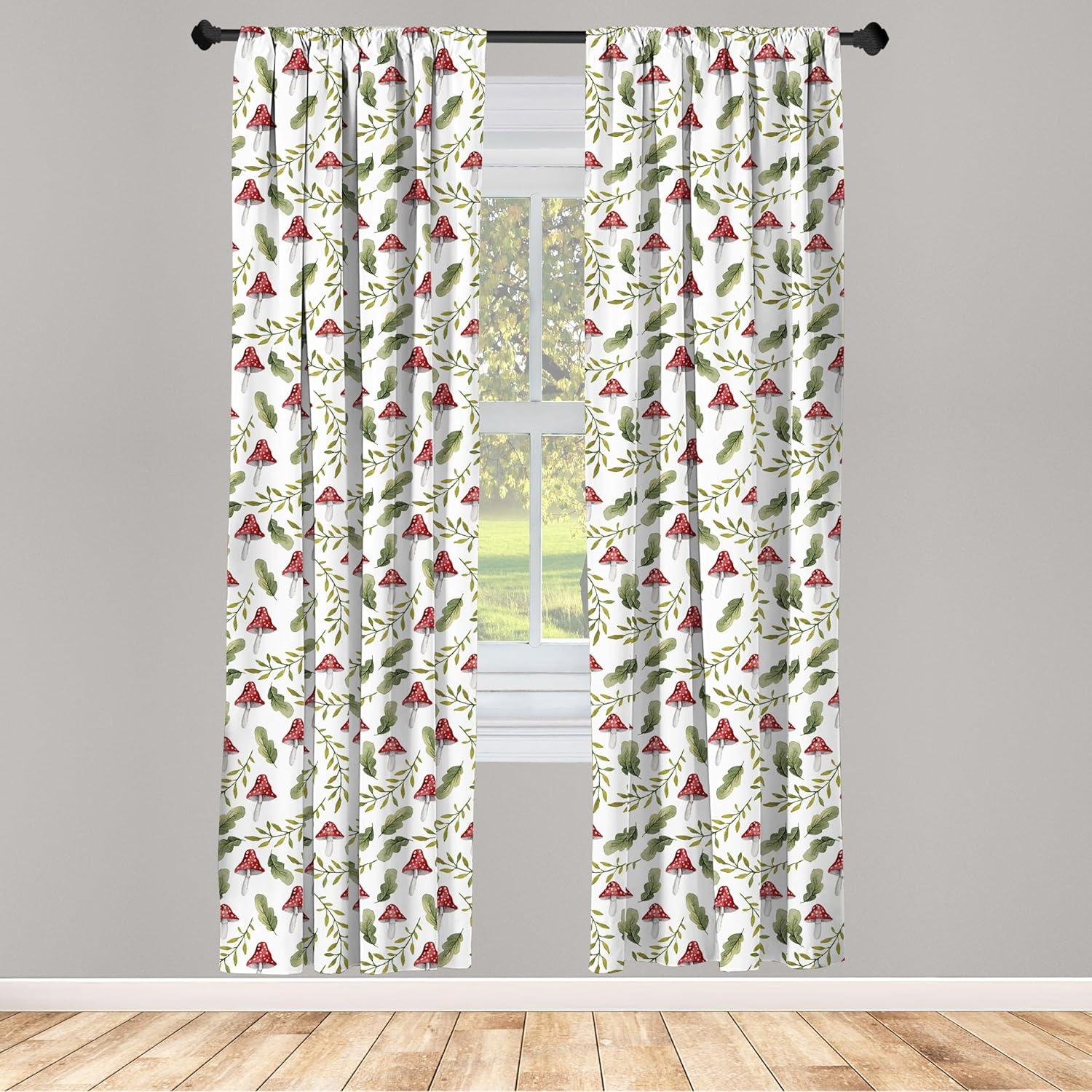 Ambesonne Mushroom Curtains, Leaves Forest Elements, Pair of 28"x84", Reseda Green Ruby