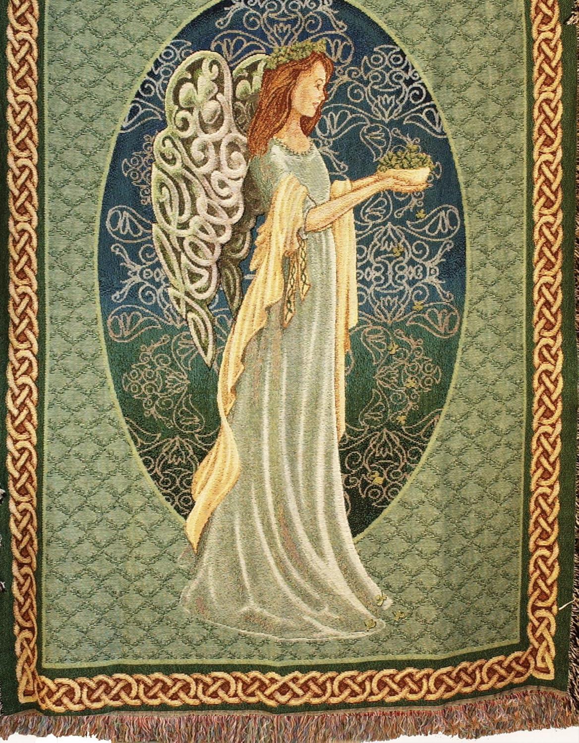 Irish Angel Celtic-Inspired Green and Gold Tapestry Throw