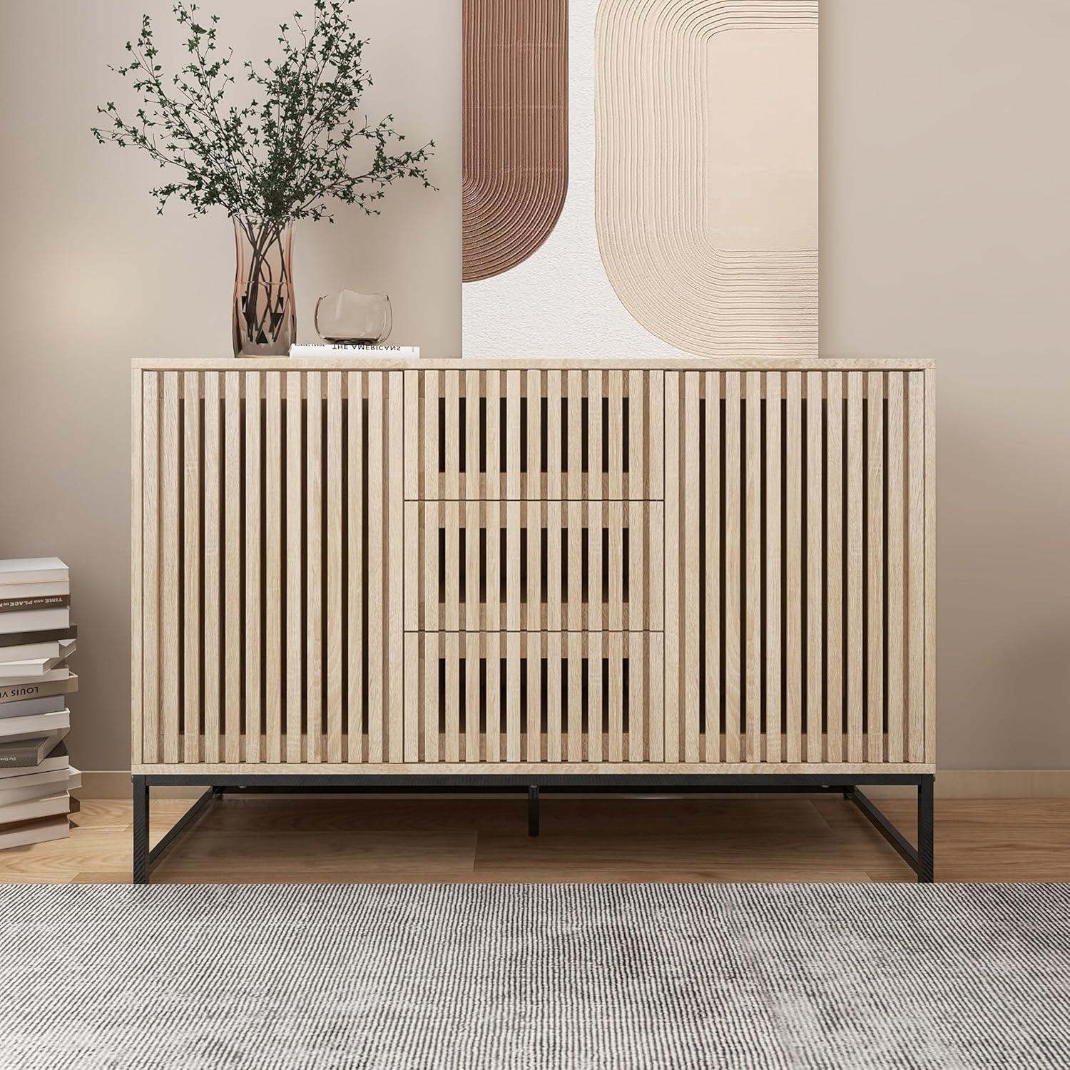 Natural Wood Fluted Sideboard with Metal Base and Drawers