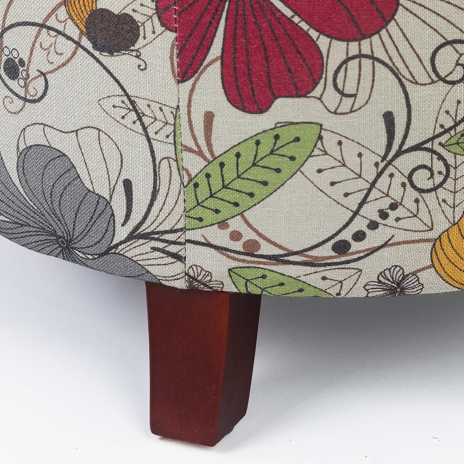 Floral Multicolor Tufted Round Storage Ottoman with Wooden Legs