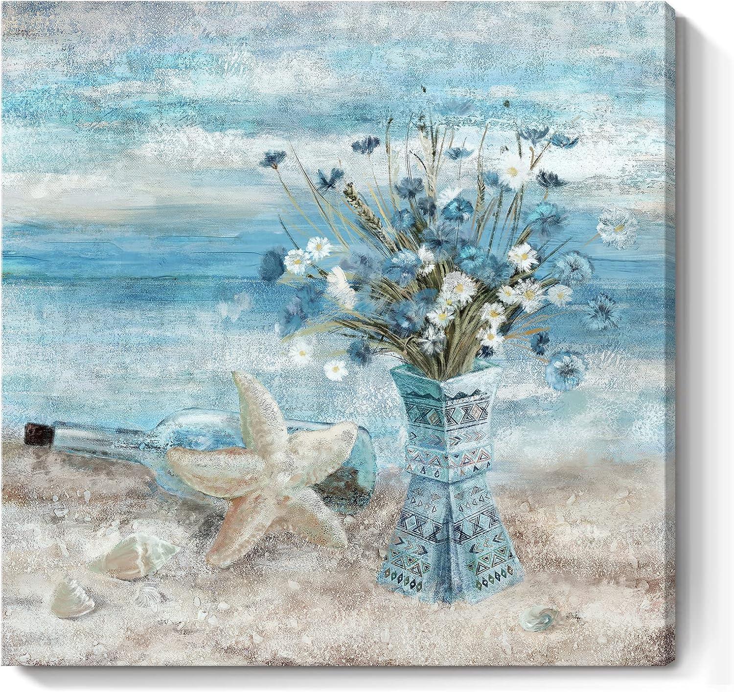 Beach Wall Art for Living Room Blue Ocean Theme Canvas Print Modern Abstract Coastal Picture Seascape Painting Daisy Flower in Indian Vase Framed Artwork for Seaside Bedroom Bathroom Office 24x24inch