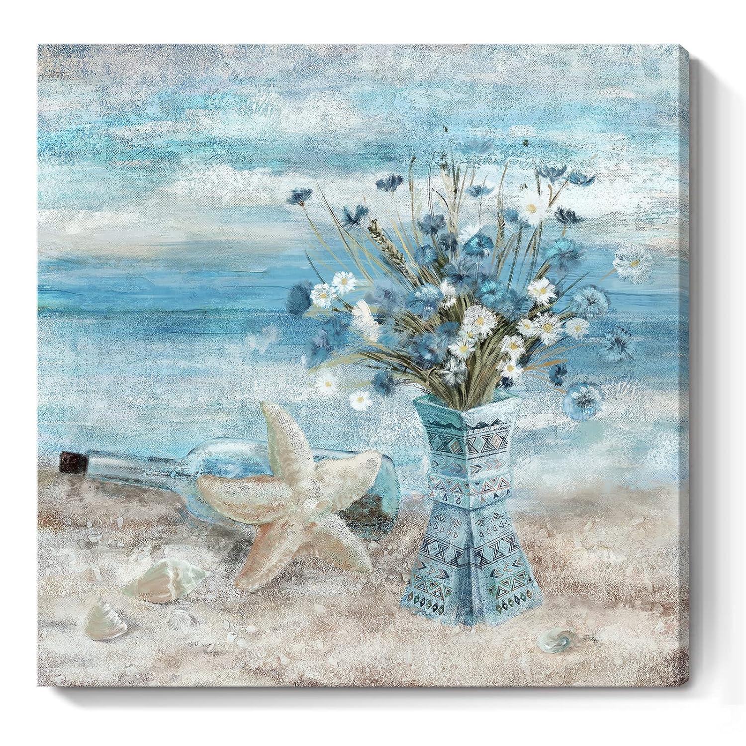 Beach Wall Art for Living Room Blue Ocean Theme Canvas Print Modern Abstract Coastal Picture Seascape Painting Daisy Flower in Indian Vase Framed Artwork for Seaside Bedroom Bathroom Office 24x24inch