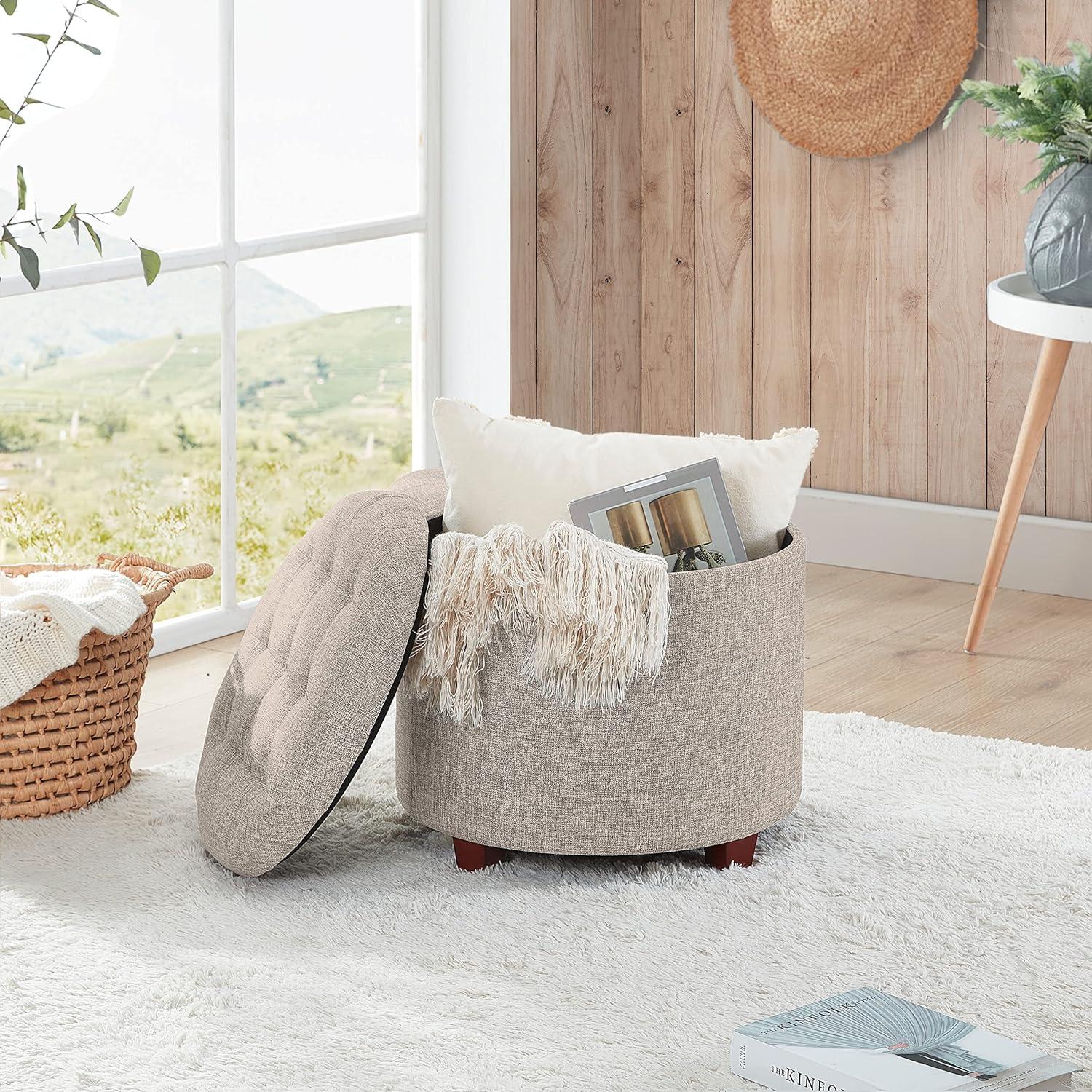 Beige Round Tufted Linen Storage Ottoman with Removable Lid