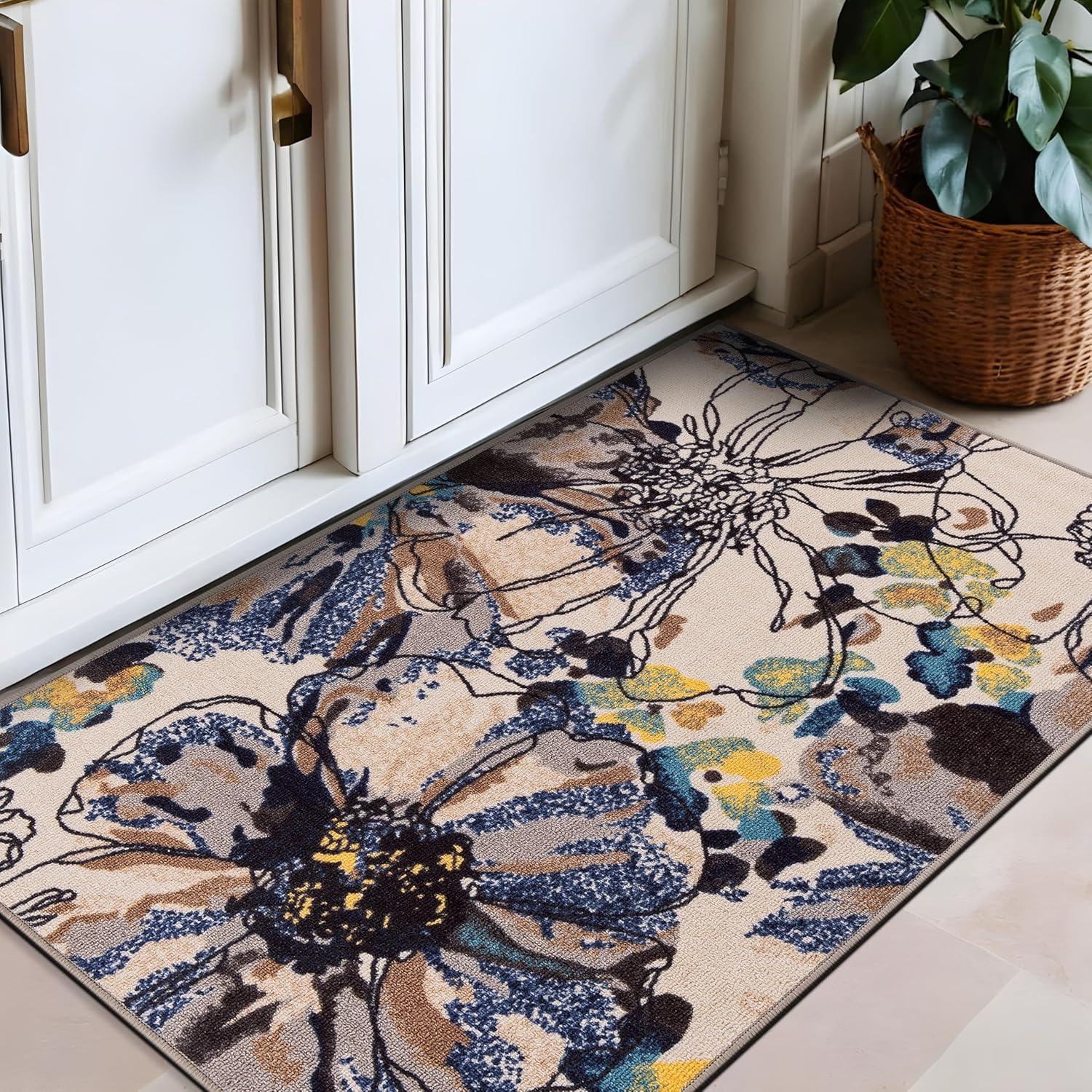World Rug Gallery Modern Bright Flowers Non-Slip Area Rug - Cream 2'7"x4':  Low Pile,  Floral,  Stain-Resistant,  Indoor Use