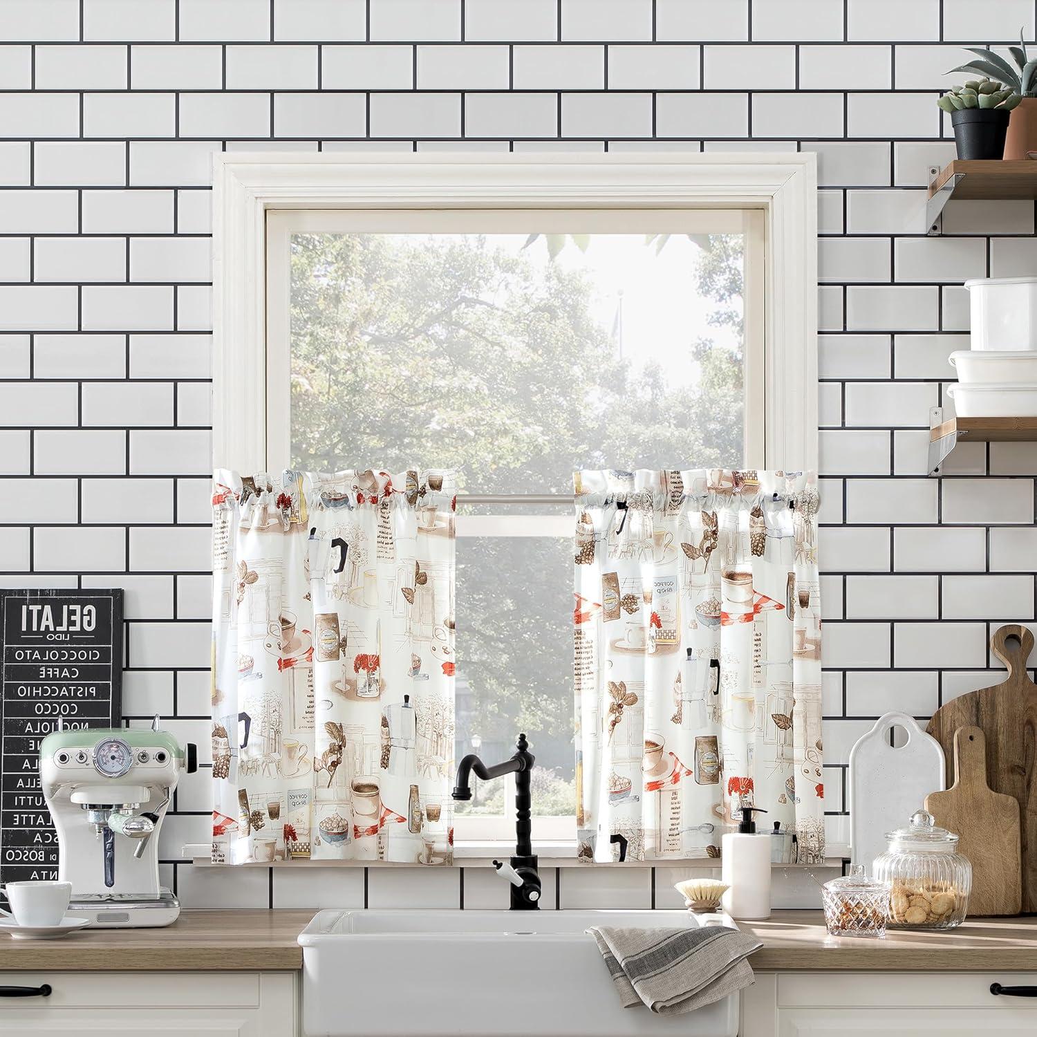 24"x54" Brew Coffee Shop Semi Sheer Rod Pocket Kitchen Curtain Valance and Tiers Set White - No. 918