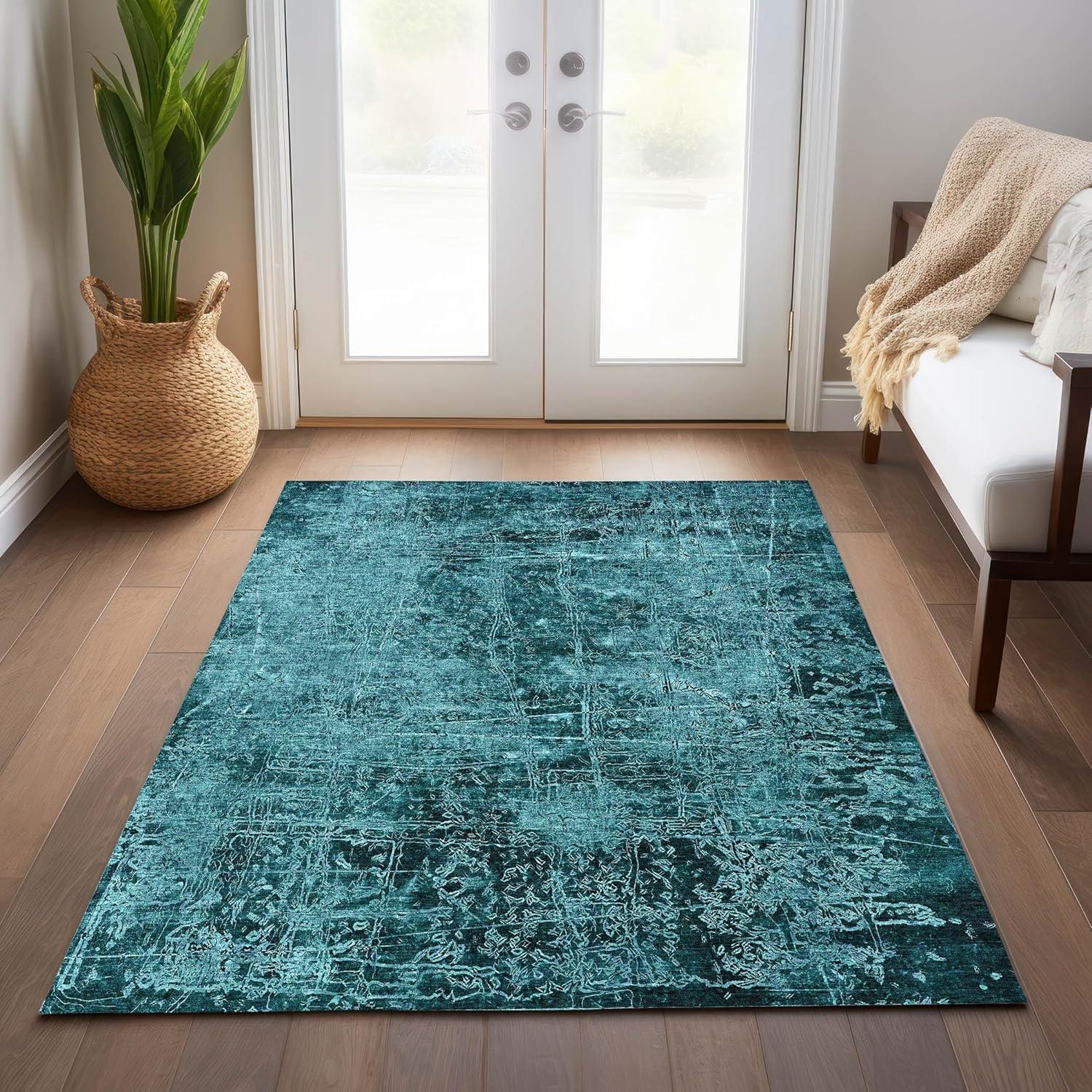 Teal Rectangular Synthetic Flat Woven Washable Rug 3' x 5'