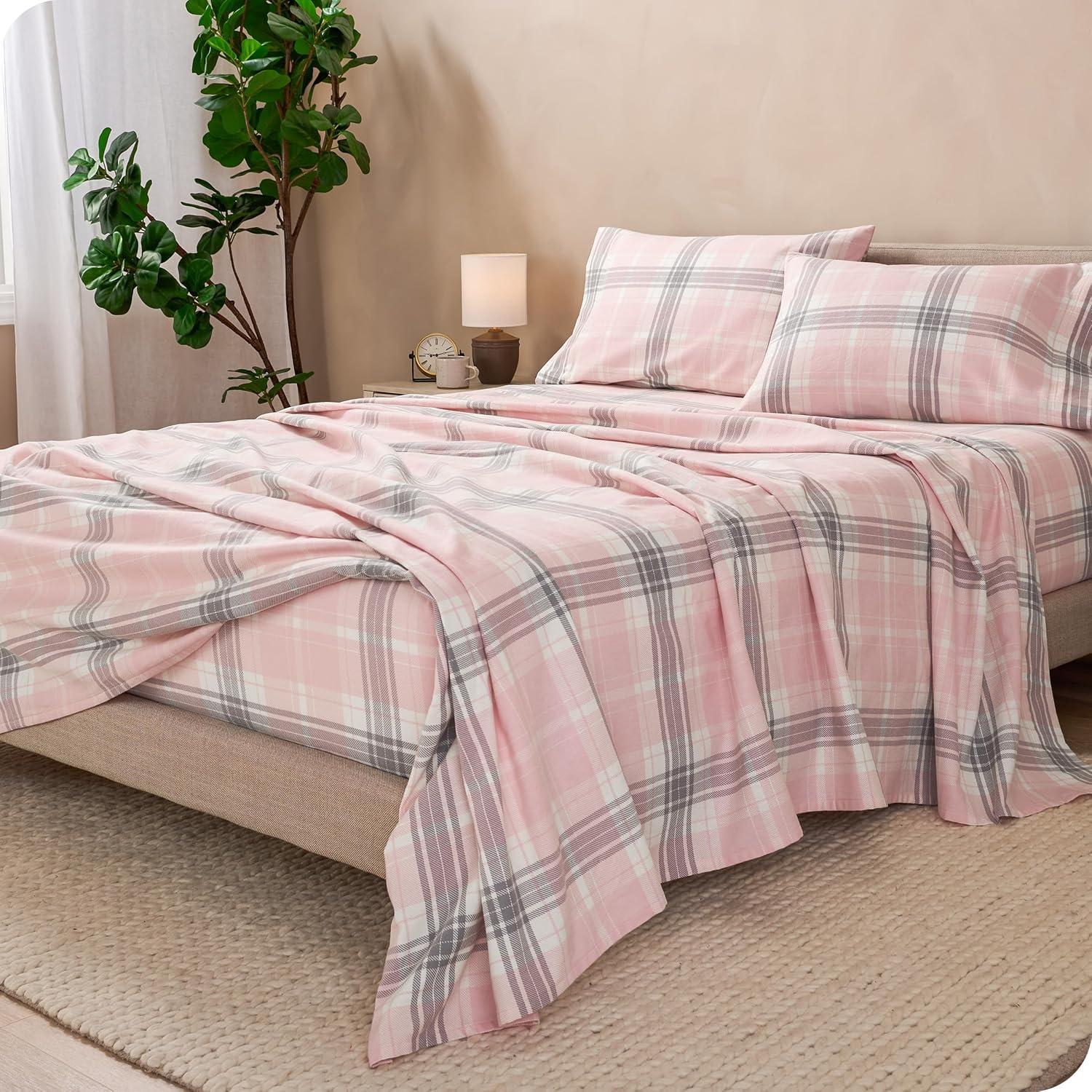 Aurora Plaid - Pink Cotton Flannel Full Sheet Set by Bare Home