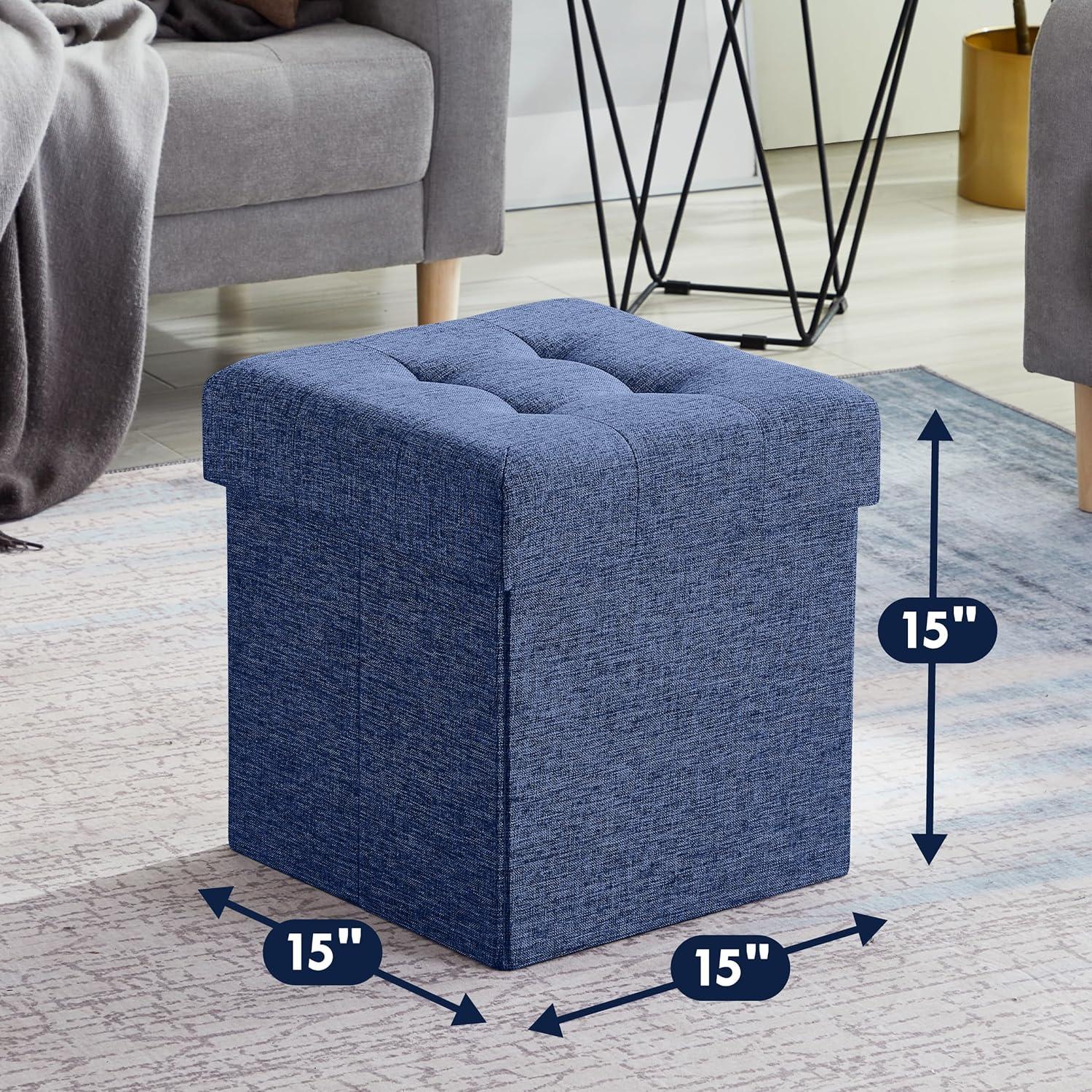 Contemporary Navy Blue Tufted Linen Foldable Storage Ottoman